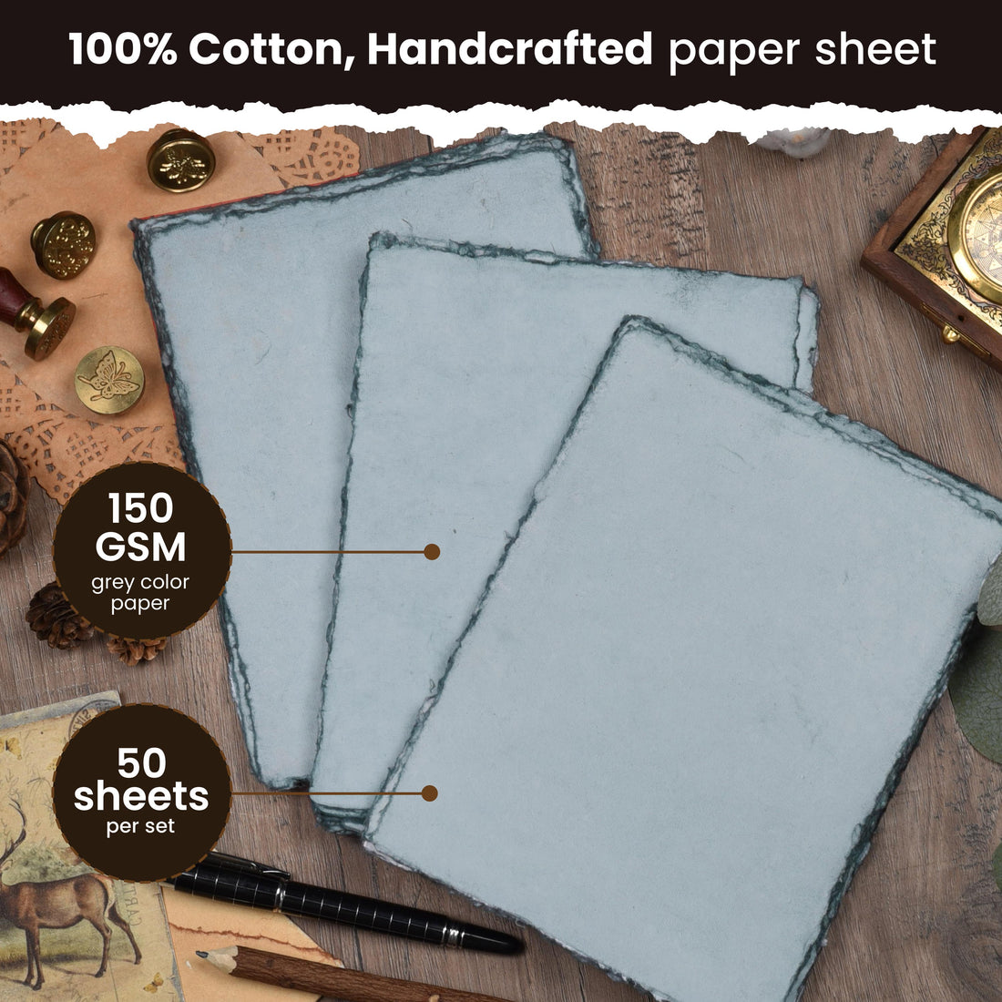 WATERCOLOR PAPER - 150 GSM THICK DECKLE EDGE PAPER - 50 SHEETS COTTON HANDMADE PAPER