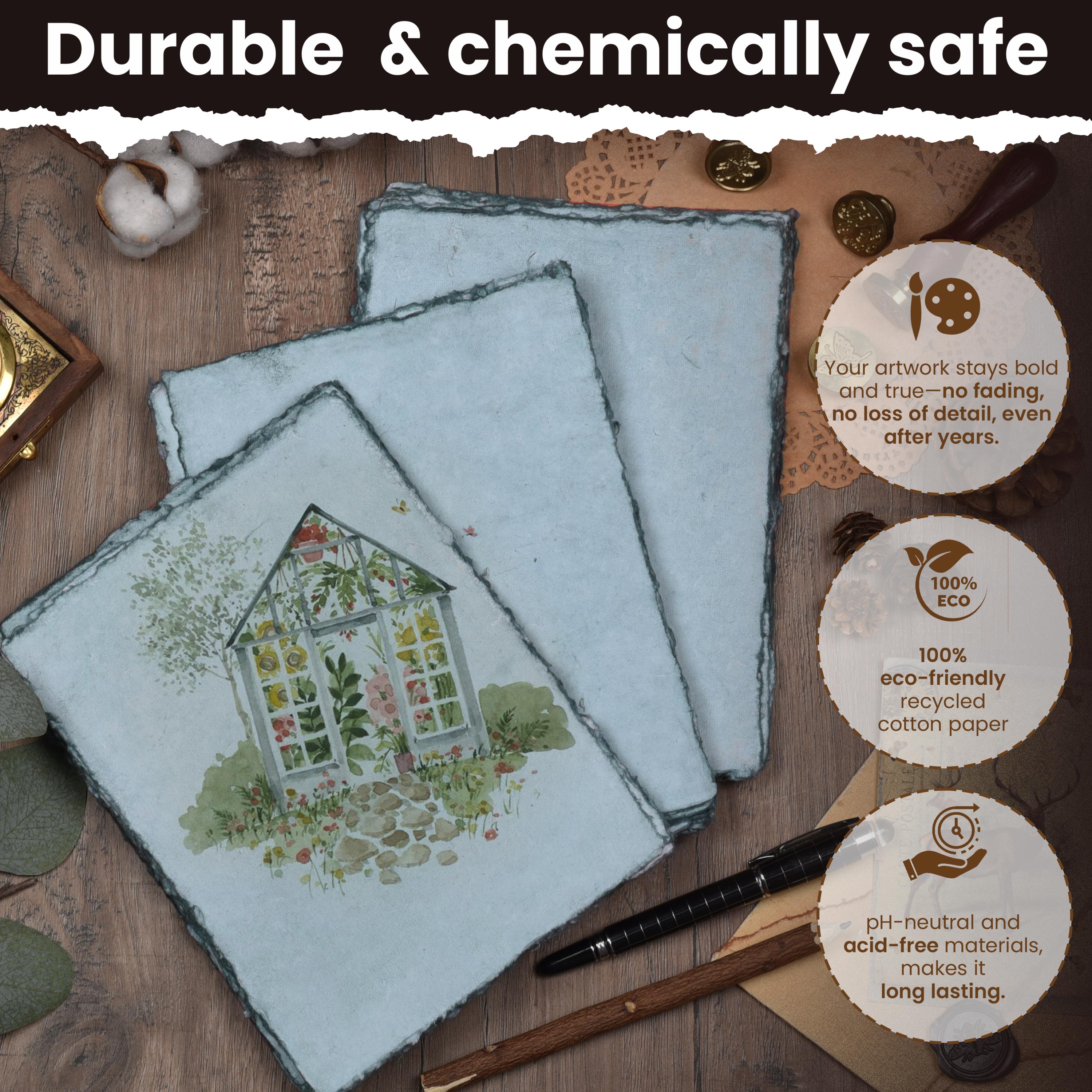 WATERCOLOR PAPER - 150 GSM THICK DECKLE EDGE PAPER - 50 SHEETS COTTON HANDMADE PAPER