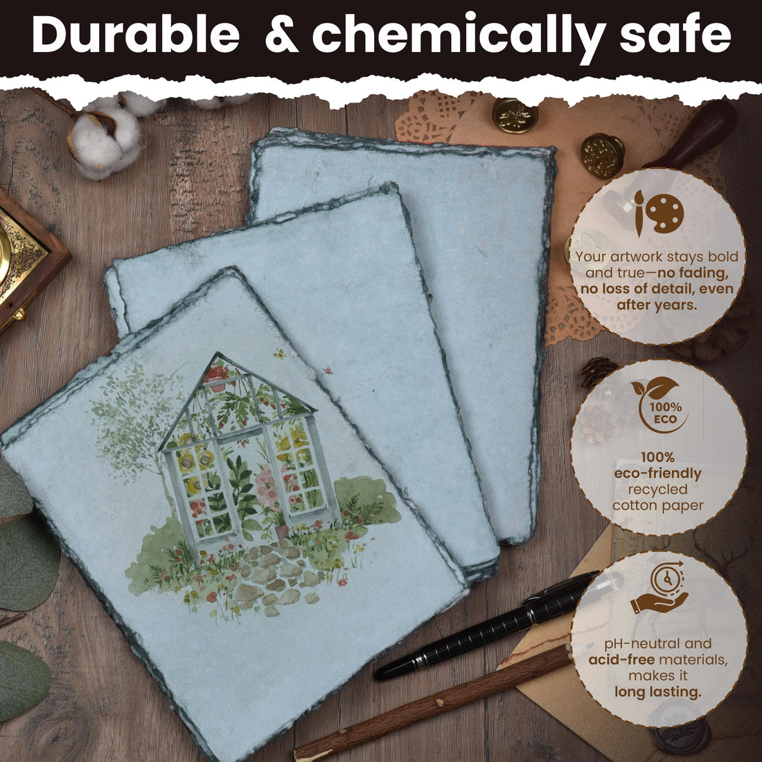 WATERCOLOR PAPER - 150 GSM THICK DECKLE EDGE PAPER - 50 SHEETS COTTON HANDMADE PAPER