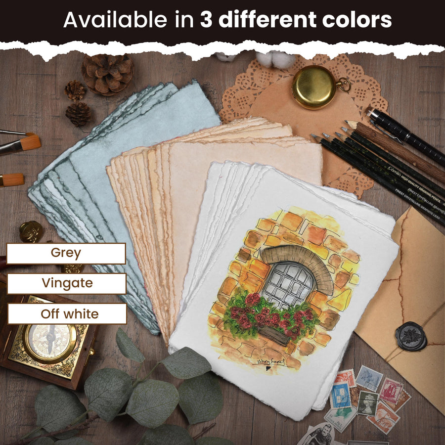 WATERCOLOR PAPER - 150 GSM THICK DECKLE EDGE PAPER - 50 SHEETS COTTON HANDMADE PAPER