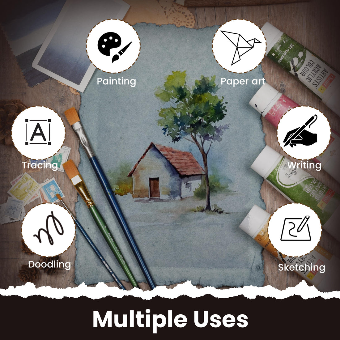 WATERCOLOR PAPER - 150 GSM THICK DECKLE EDGE PAPER - 50 SHEETS COTTON HANDMADE PAPER