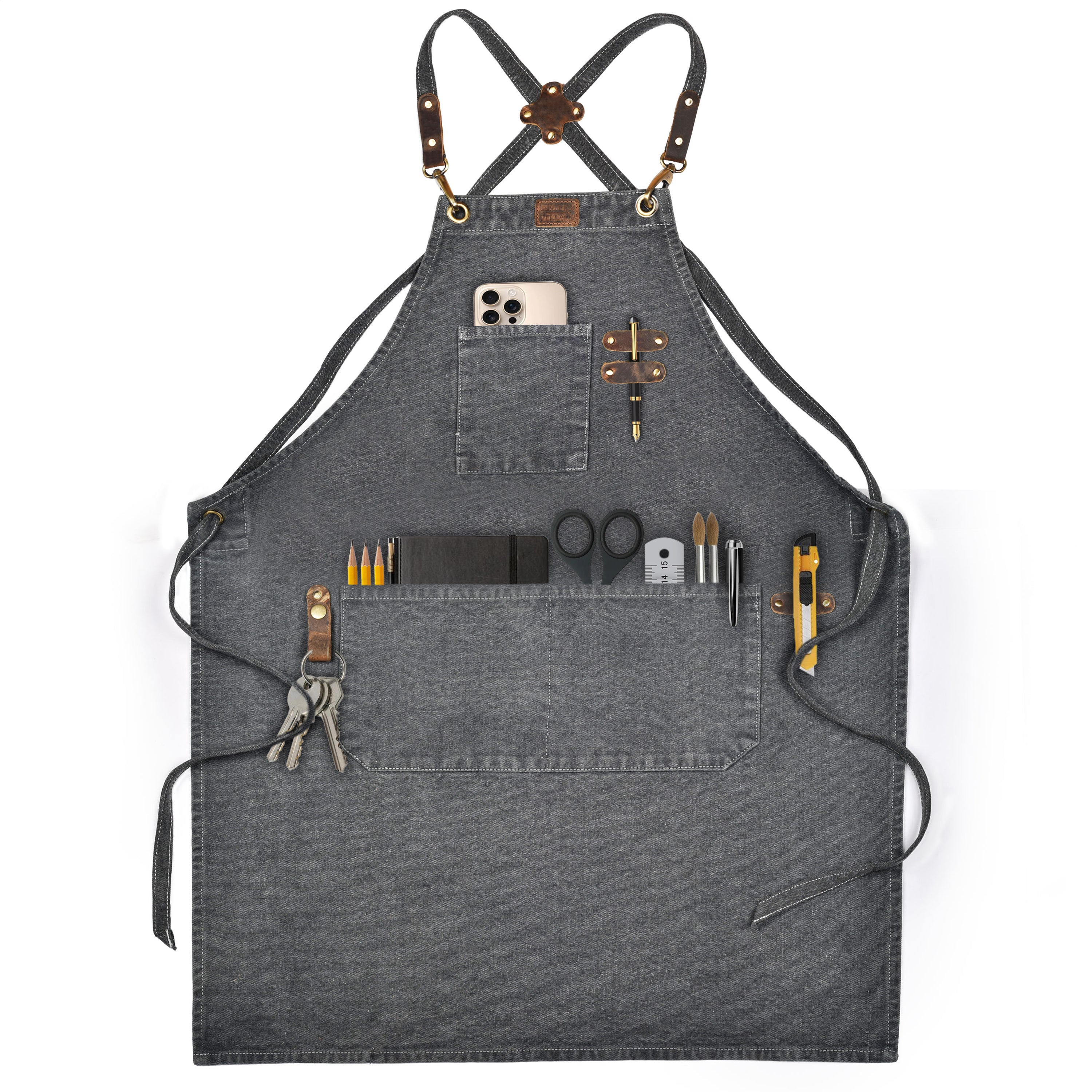 Chef Aprons for Men Women with Large Pockets, Cotton Canvas Cross Back Adjustable Work Apron, Size M to XXL