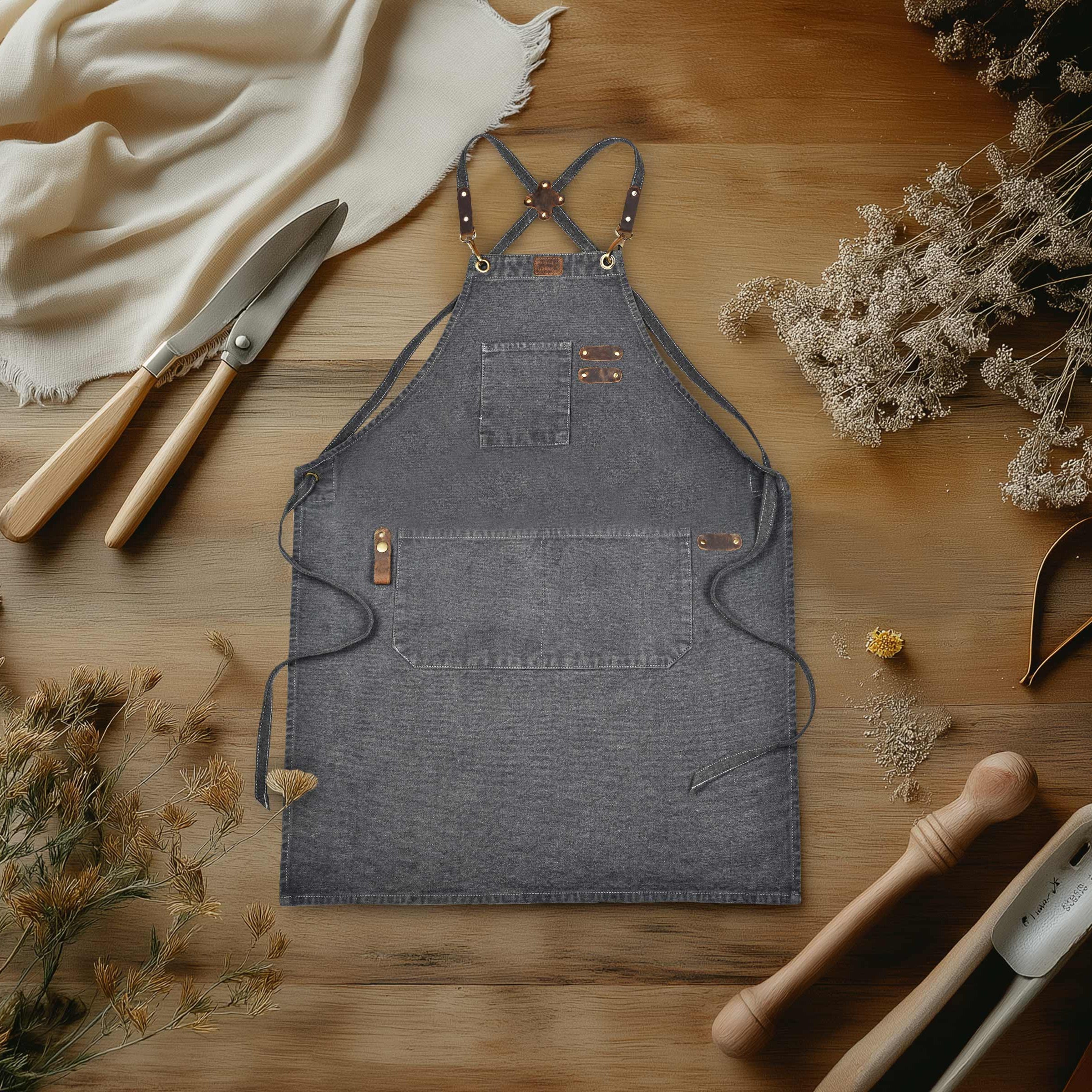 Chef Aprons for Men Women with Large Pockets, Cotton Canvas Cross Back Adjustable Work Apron, Size M to XXL