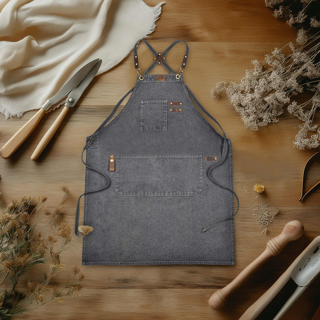 Chef Aprons for Men Women with Large Pockets, Cotton Canvas Cross Back Adjustable Work Apron, Size M to XXL