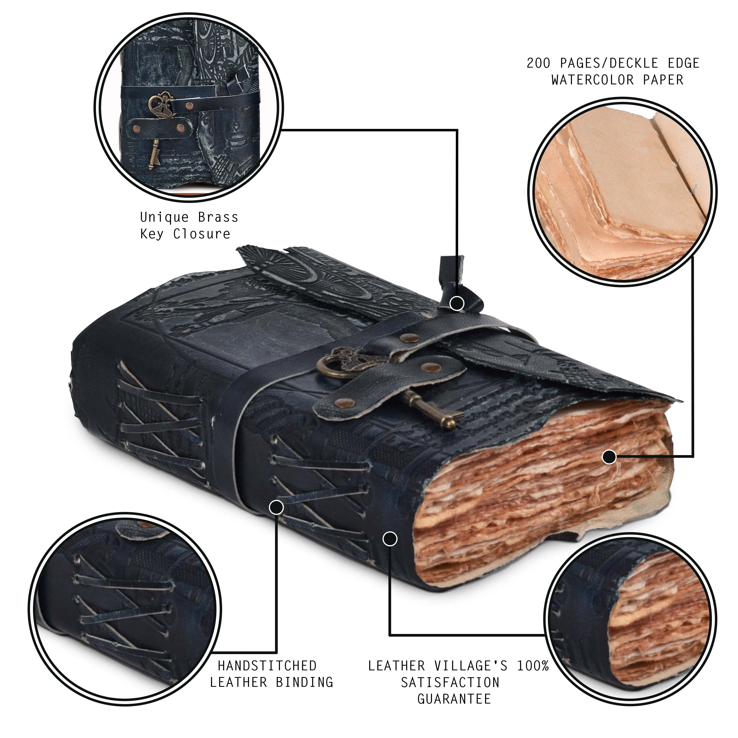 Genuine Leather Handmade Journal for Men & Women- Key Closure-Handmade Embossed Journal- 7x5 Inches- Black