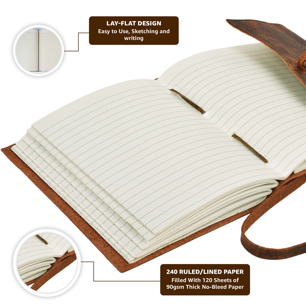 Lined Vintage Paper Notebook- Distressed Brown Leather Village