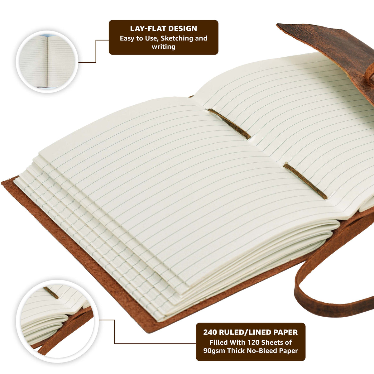 Leather Bound Journal |Brown | 240 Pages Lined Paper | Perfect for Office, Travel, & Personal Use | Premium College Ruled Notebook for Men & Women
