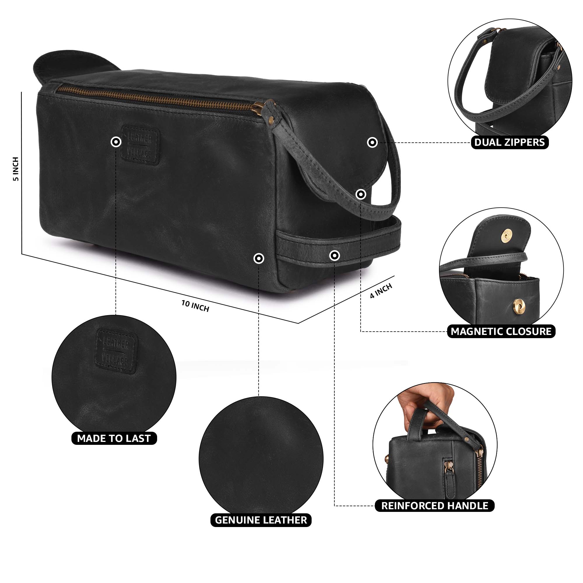 Leather Toiletry Bag for Travel - Black