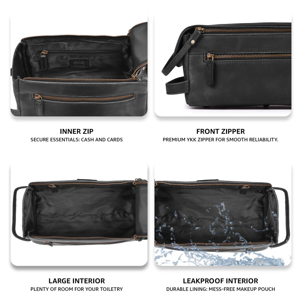 Leather Toiletry Bag for Travel - Black