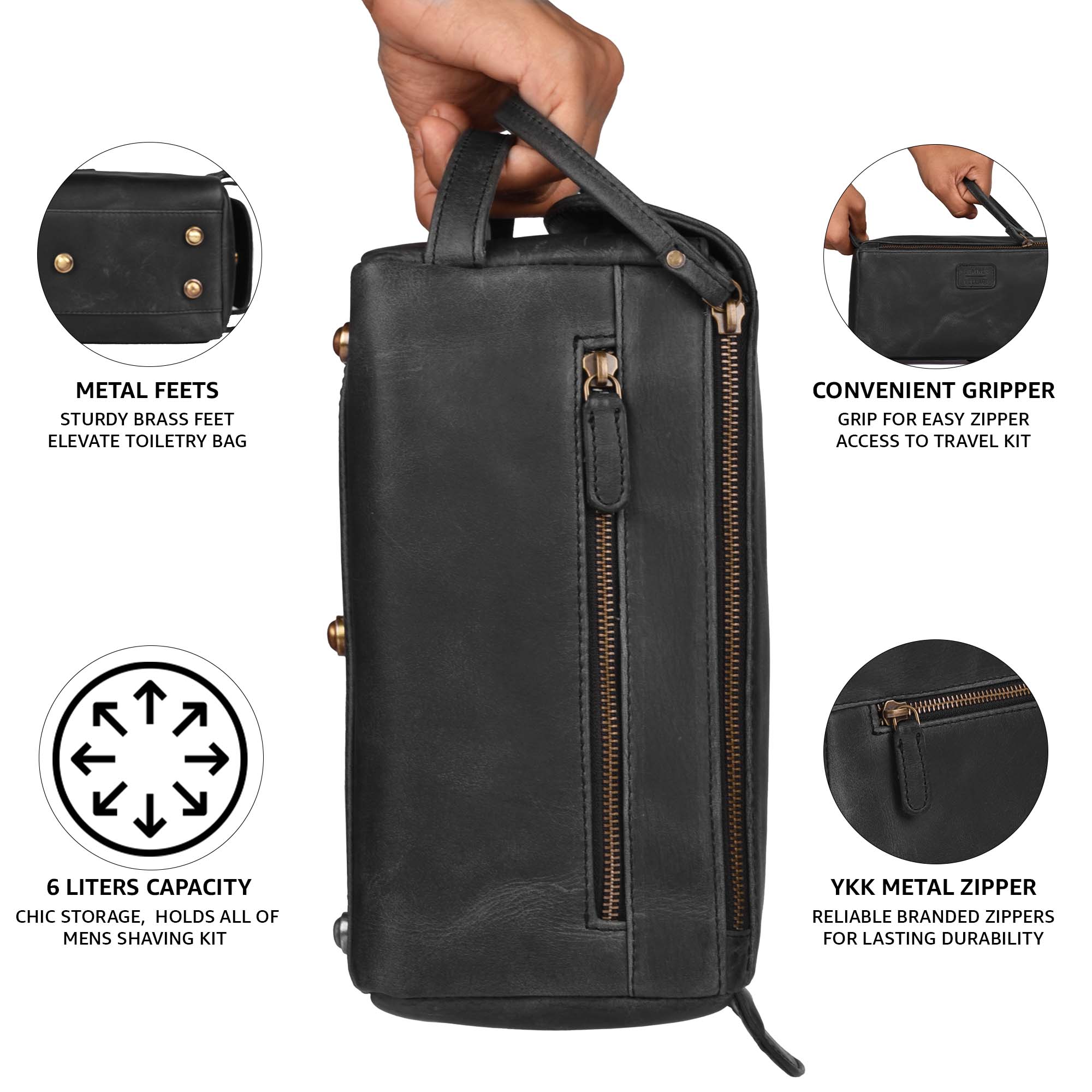 Leather Toiletry Bag for Travel - Black