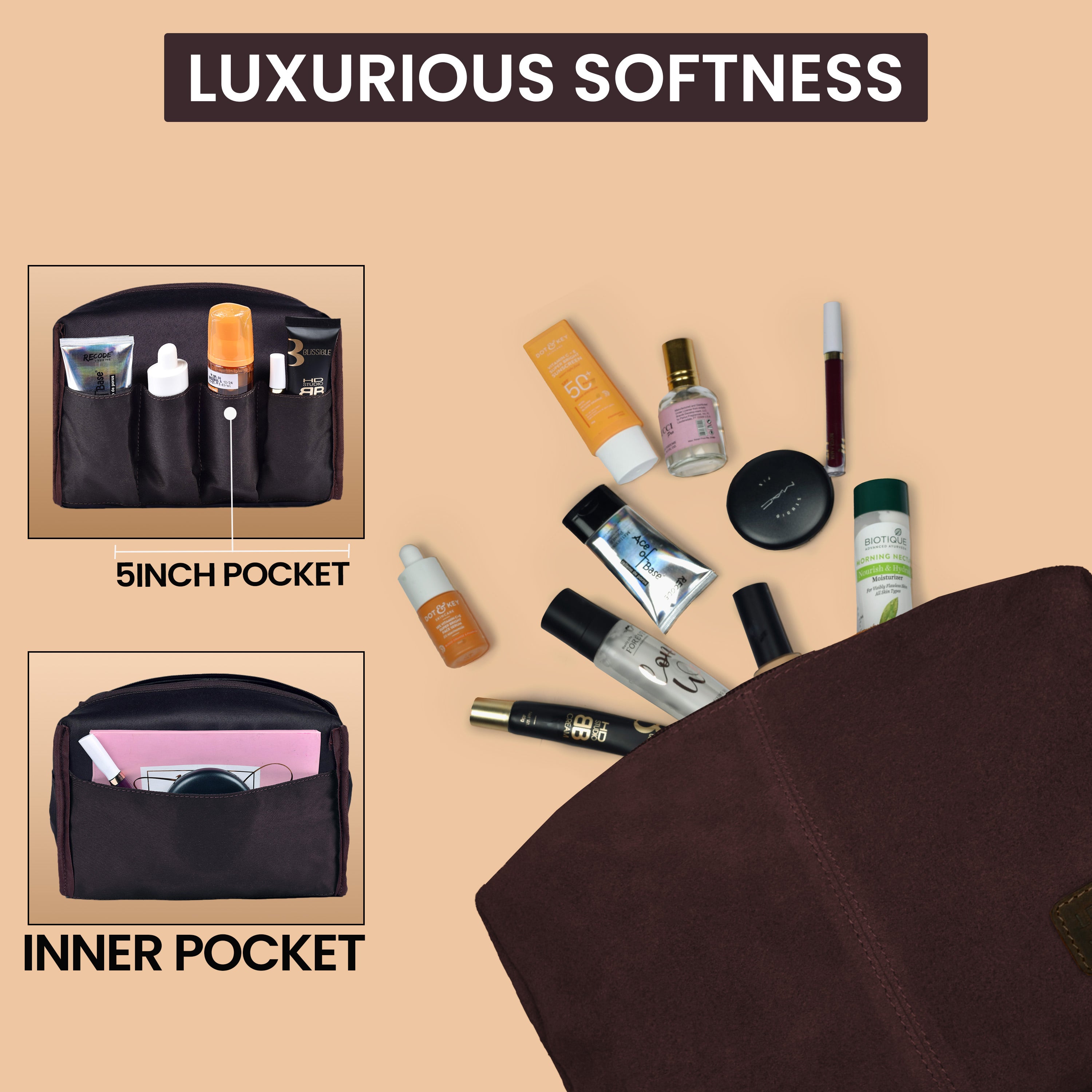 Travel Makeup Bag for Women – Large Capacity Suede Leather Cosmetic Pouch with Handle, Inner Pockets & Wide Opening – Flat Open Toiletry Organizer for Travel & Daily Use