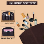 Travel Makeup Bag for Women – Large Capacity Suede Leather Cosmetic Pouch with Handle, Inner Pockets & Wide Opening – Flat Open Toiletry Organizer for Travel & Daily Use