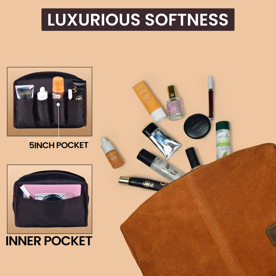 Travel Makeup Bag for Women – Large Capacity Suede Leather Cosmetic Pouch with Handle, Inner Pockets & Wide Opening – Flat Open Toiletry Organizer for Travel & Daily Use