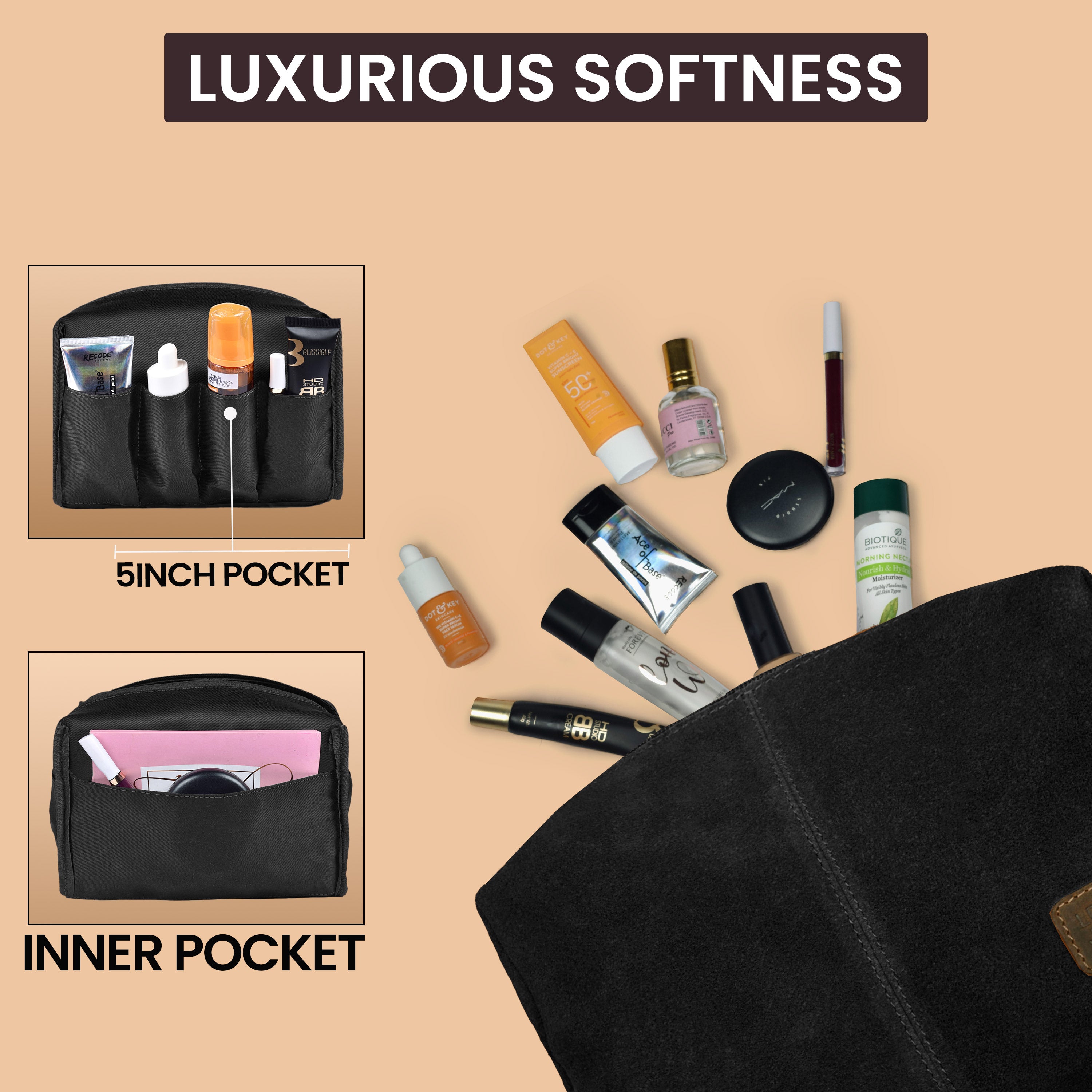 Travel Makeup Bag for Women – Large Capacity Suede Leather Cosmetic Pouch with Handle, Inner Pockets & Wide Opening – Flat Open Toiletry Organizer for Travel & Daily Use