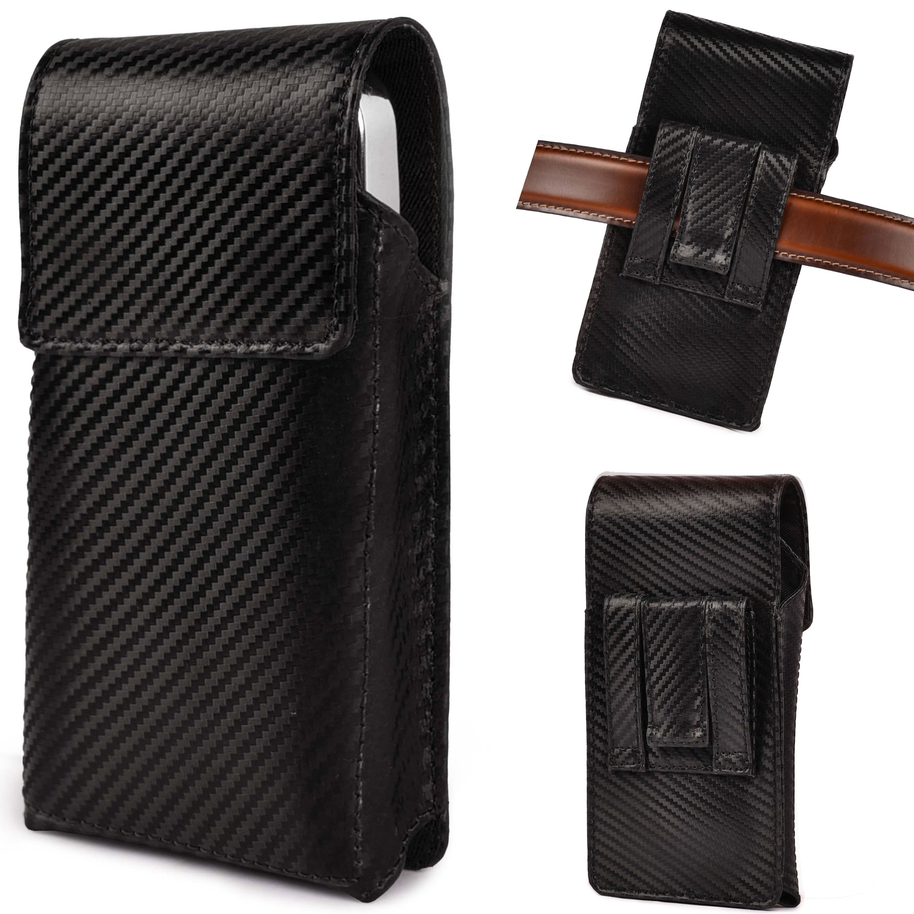 LEATHER VILLAGE Carbon Fiber Genuine Leather Phone Holster with Belt Clip - Available in Black, Brown, Tan