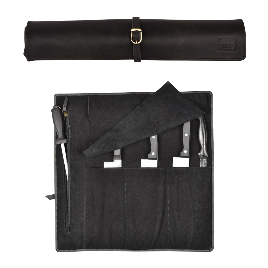 Leather Village compact leather knife roll chef carrying case