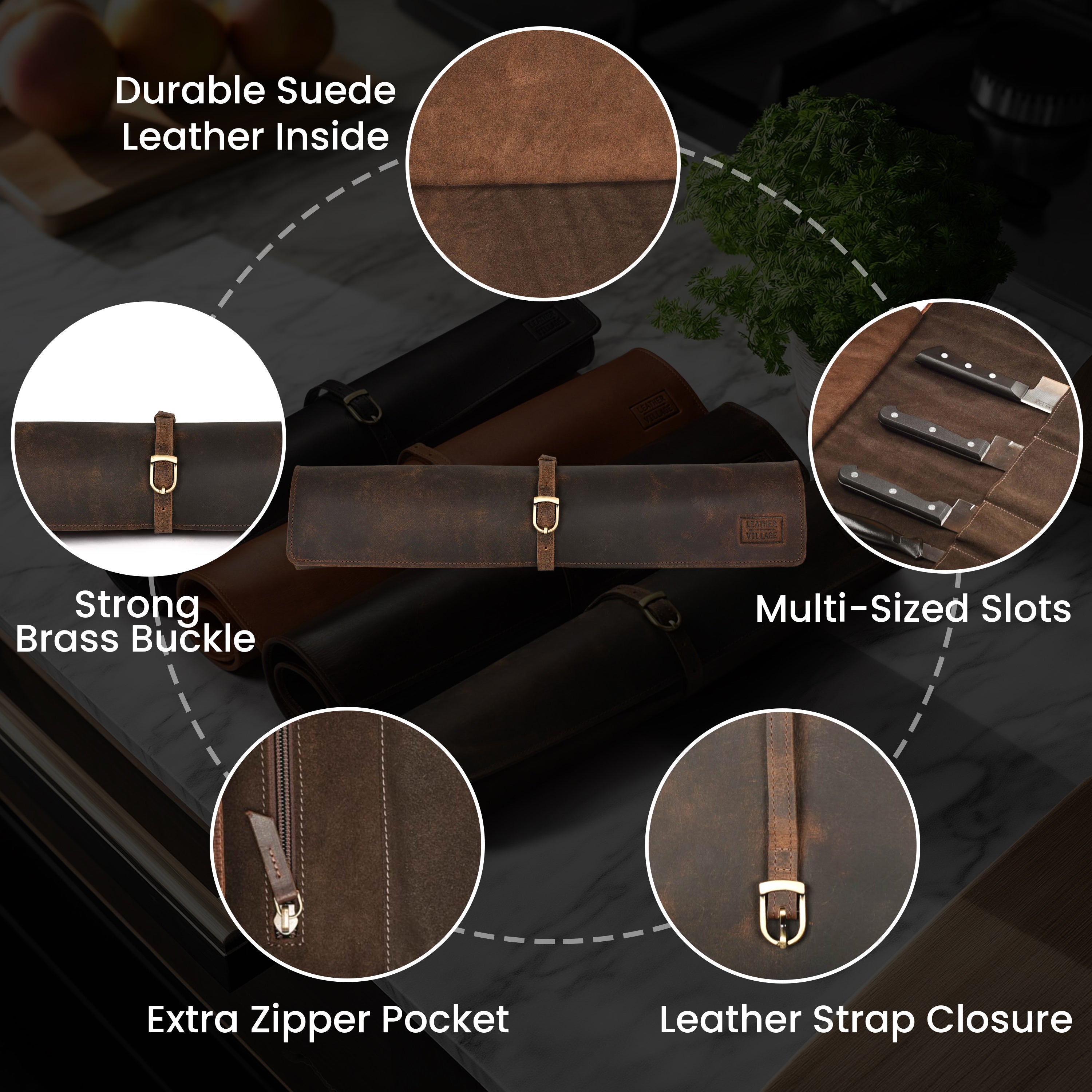 Genuine Leather Knife Roll Bag – Professional Chef Carrying Case, Durable Sheath Holder, Cooks & Culinary Tools Organizer, Portable Travel Storage with 4 Slots & Zipper