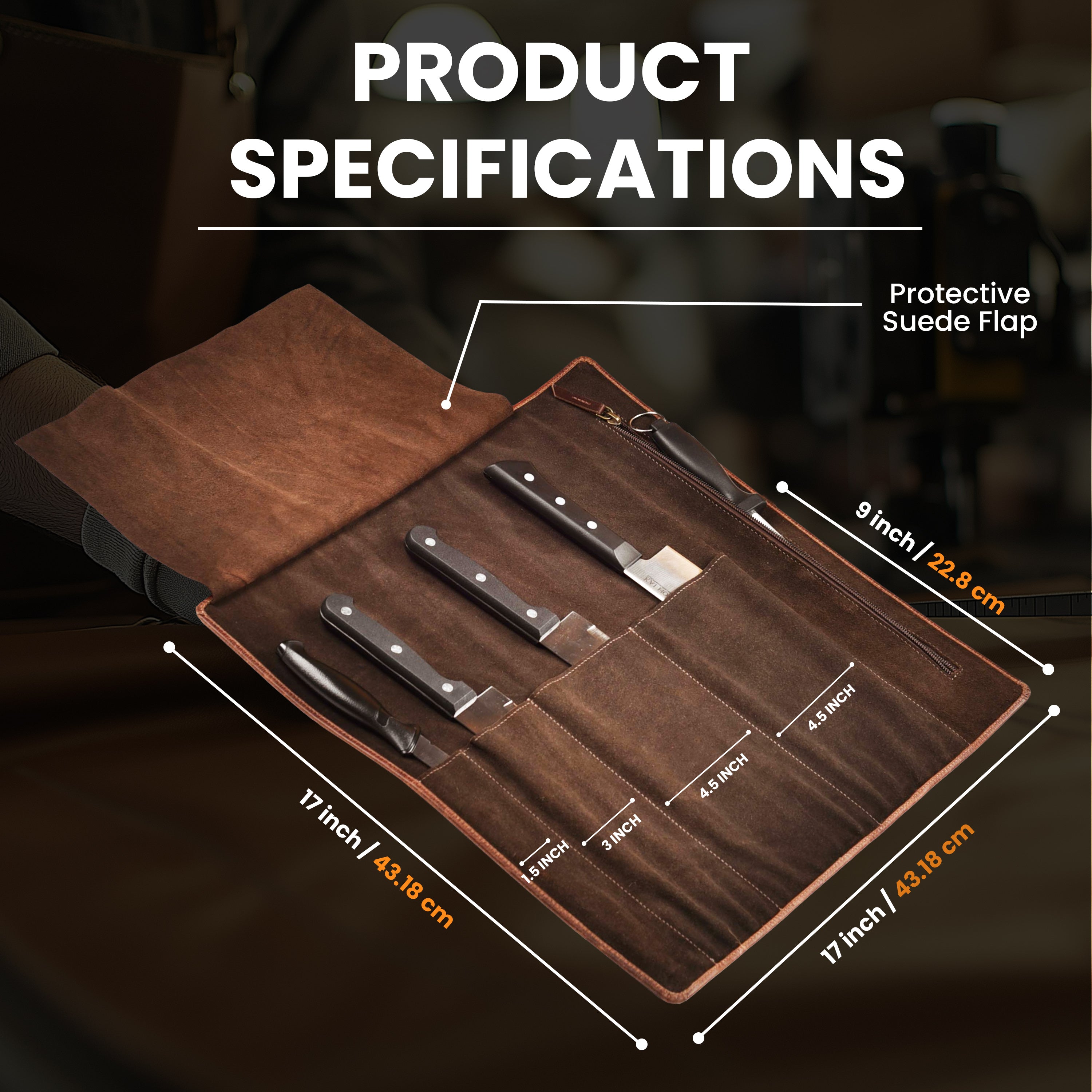 Genuine Leather Knife Roll Bag – Professional Chef Carrying Case, Durable Sheath Holder, Cooks & Culinary Tools Organizer, Portable Travel Storage with 4 Slots & Zipper