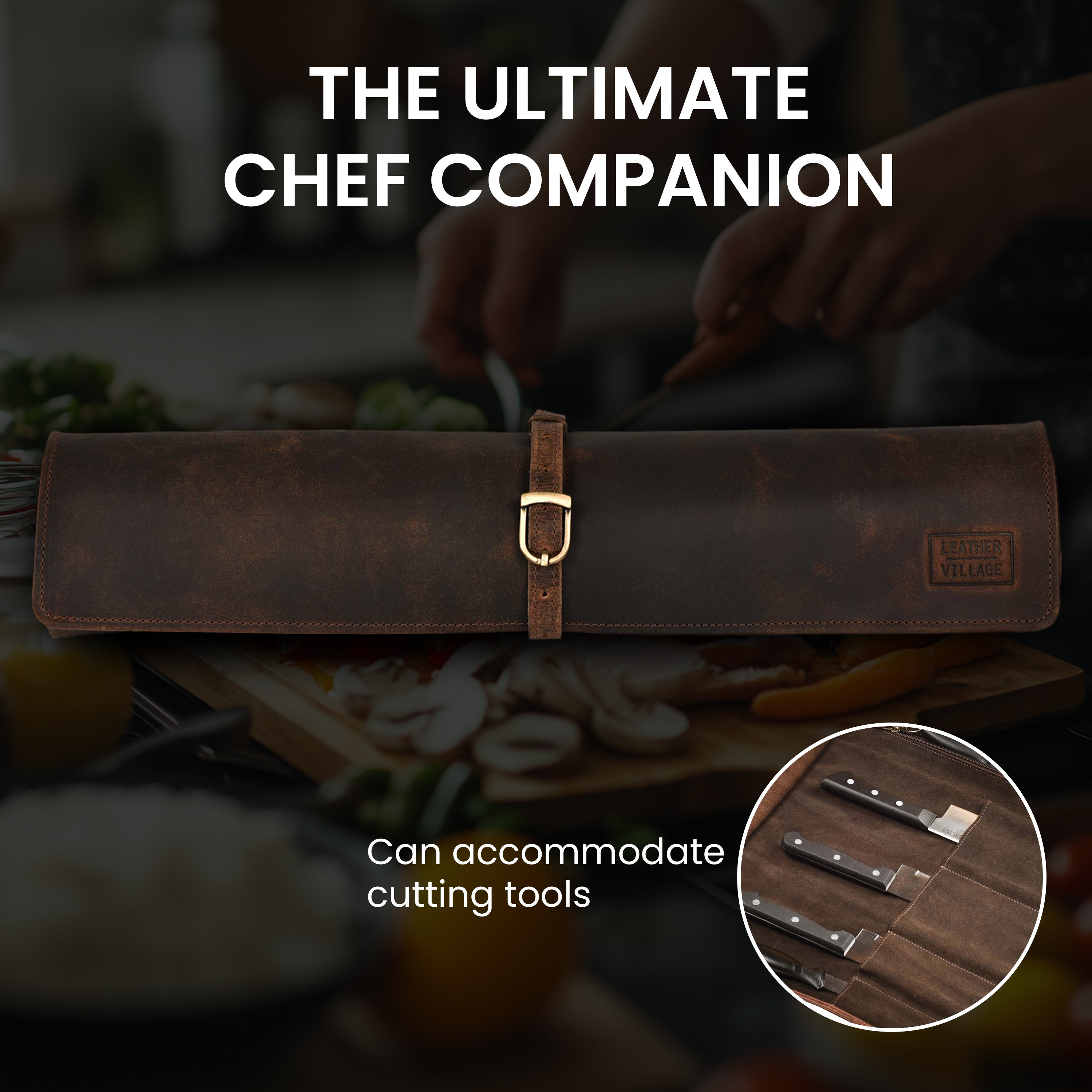 Genuine Leather Knife Roll Bag – Professional Chef Carrying Case, Durable Sheath Holder, Cooks & Culinary Tools Organizer, Portable Travel Storage with 4 Slots & Zipper