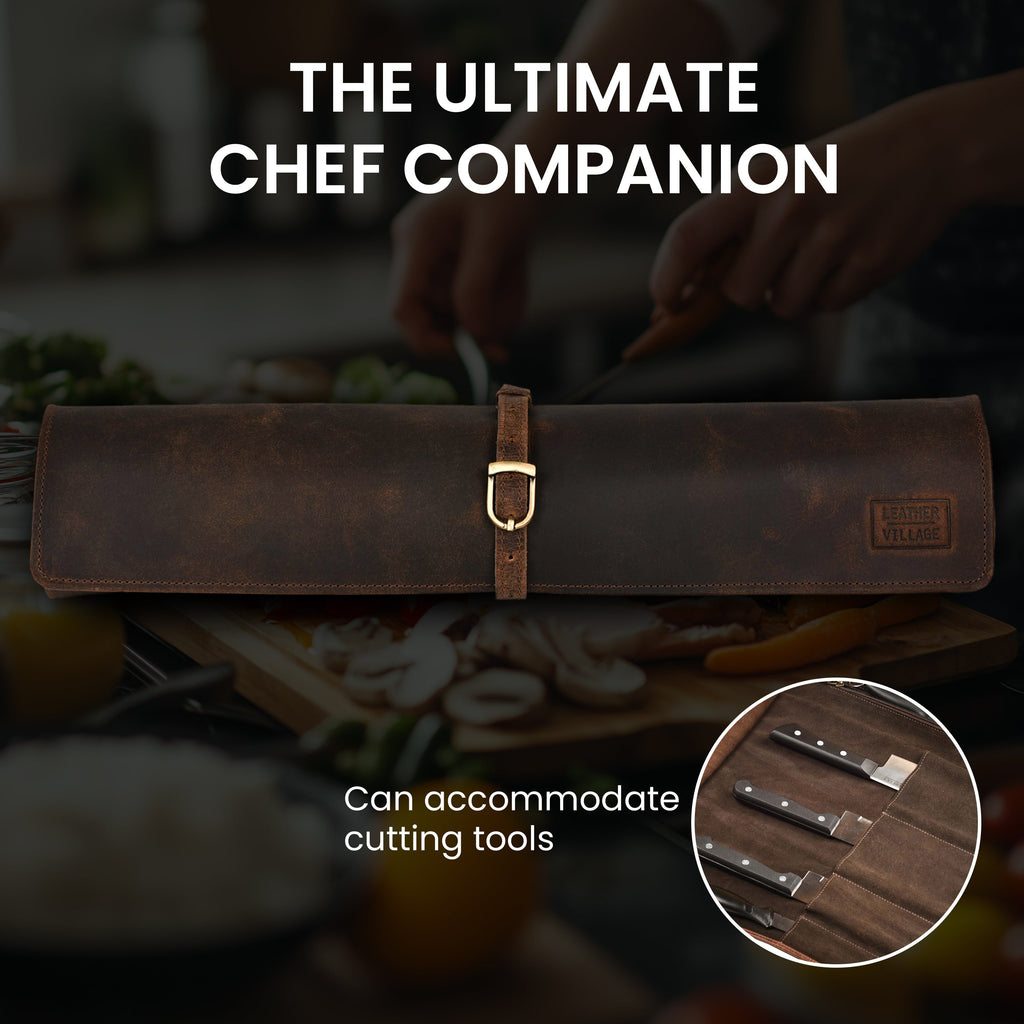 Leather Village genuine leather chef knife storage roll case