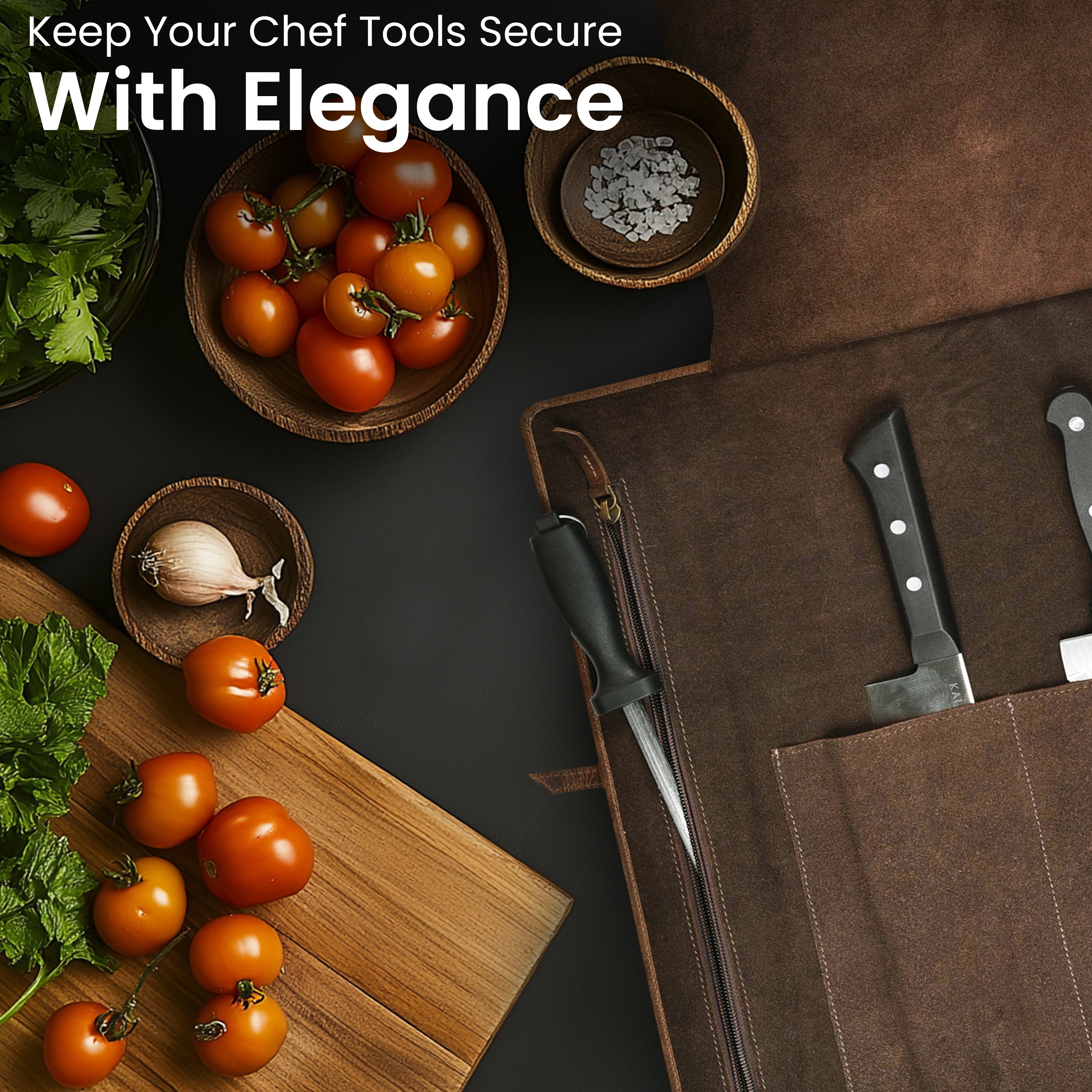 Genuine Leather Knife Roll Bag – Professional Chef Carrying Case, Durable Sheath Holder, Cooks & Culinary Tools Organizer, Portable Travel Storage with 4 Slots & Zipper