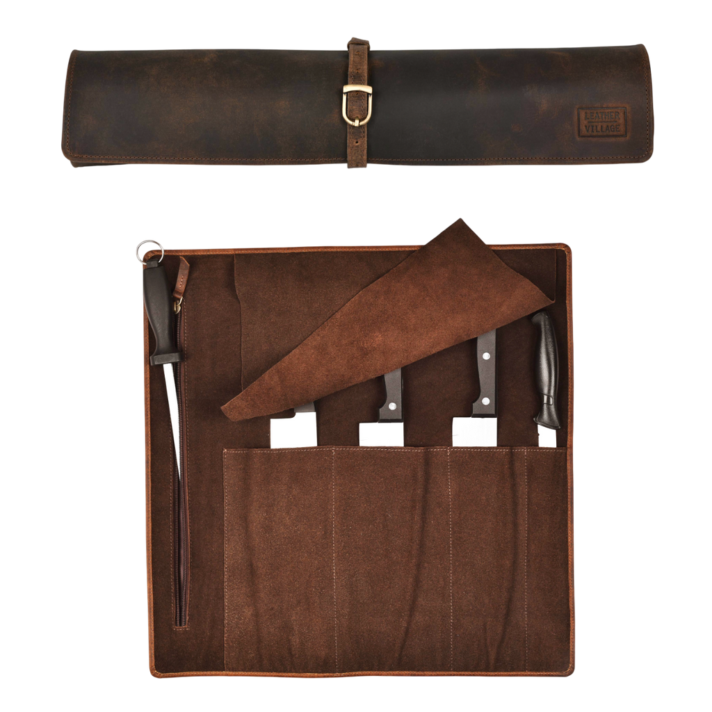 Leather Village genuine leather chef knife storage roll case