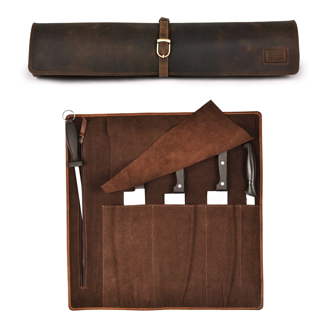 Genuine Leather Knife Roll Bag – Professional Chef Carrying Case, Durable Sheath Holder, Cooks & Culinary Tools Organizer, Portable Travel Storage with 4 Slots & Zipper