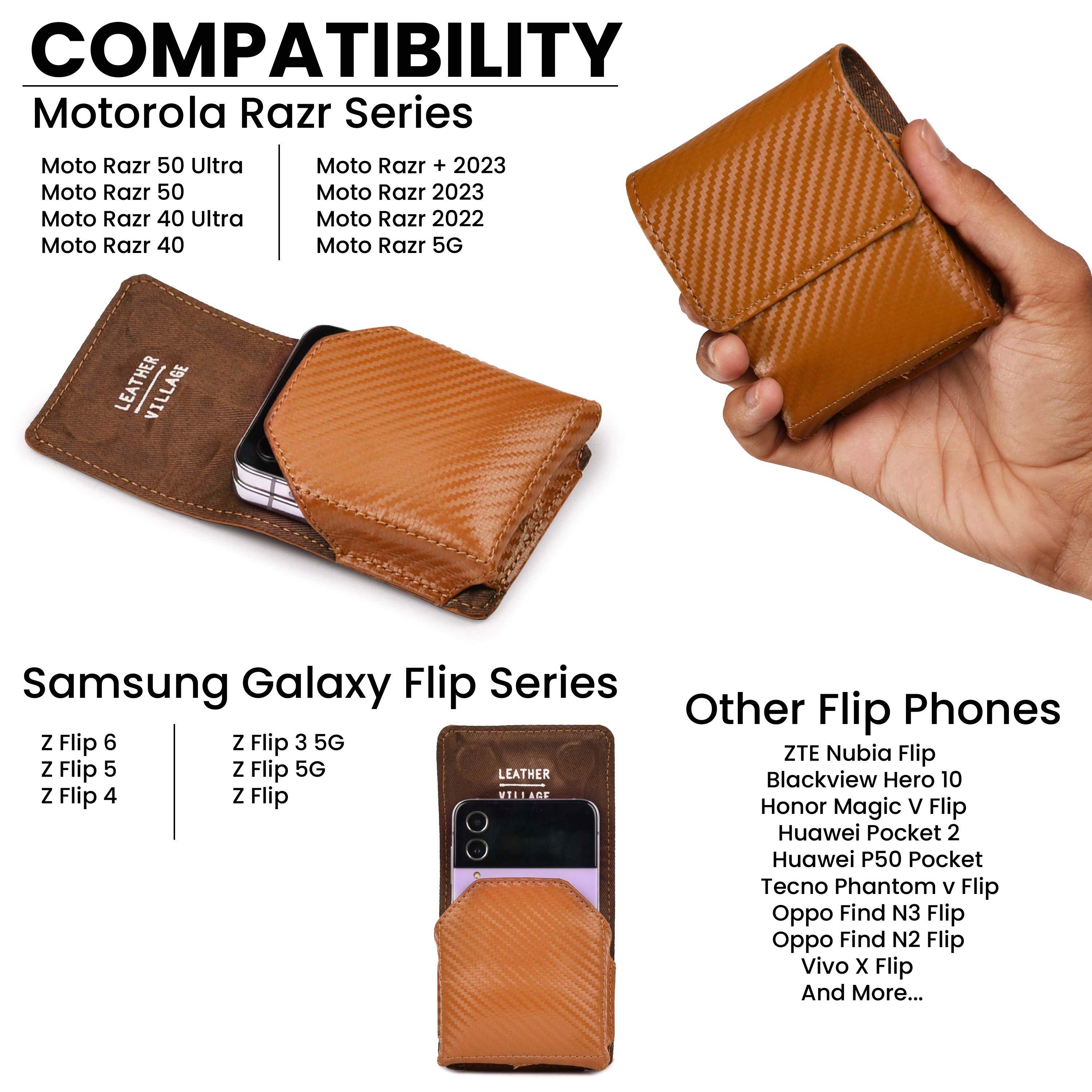 Carbon Fiber Genuine Leather Flip Phone Holster with Belt Clip Universal Cell Phone Pouch for Samsung Galaxy Z Flip 6/Z 5/ Galaxy Z 4/ Z 3 5G/ Motorola Moto Razr 2024