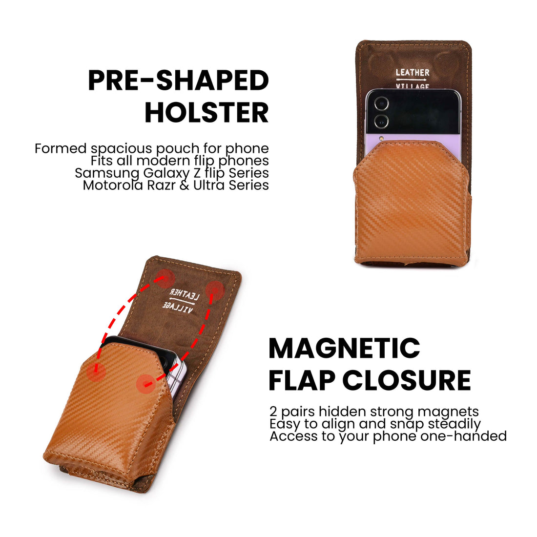 Carbon Fiber Genuine Leather Flip Phone Holster with Belt Clip Universal Cell Phone Pouch for Samsung Galaxy Z Flip 6/Z 5/ Galaxy Z 4/ Z 3 5G/ Motorola Moto Razr 2024