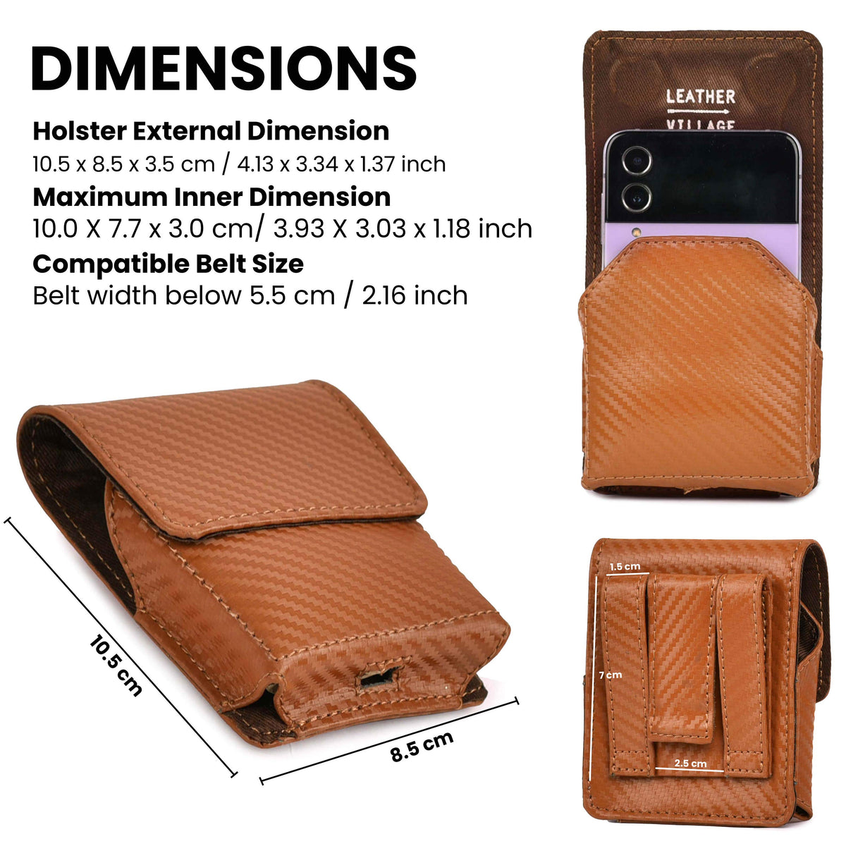 Carbon Fiber Genuine Leather Flip Phone Holster with Belt Clip Universal Cell Phone Pouch for Samsung Galaxy Z Flip 6/Z 5/ Galaxy Z 4/ Z 3 5G/ Motorola Moto Razr 2024