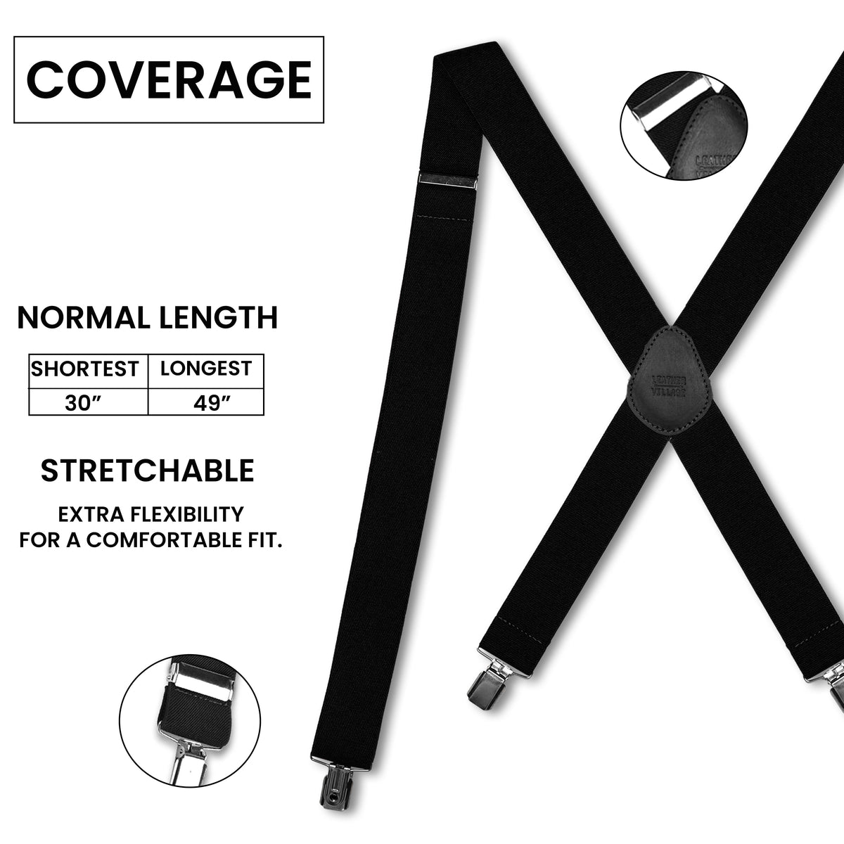 LEATHER VILLAGE Adjustable Suspenders for Men & Women X-Back Elastic Braces with Strong Clips, Classic Style for Any Occasion