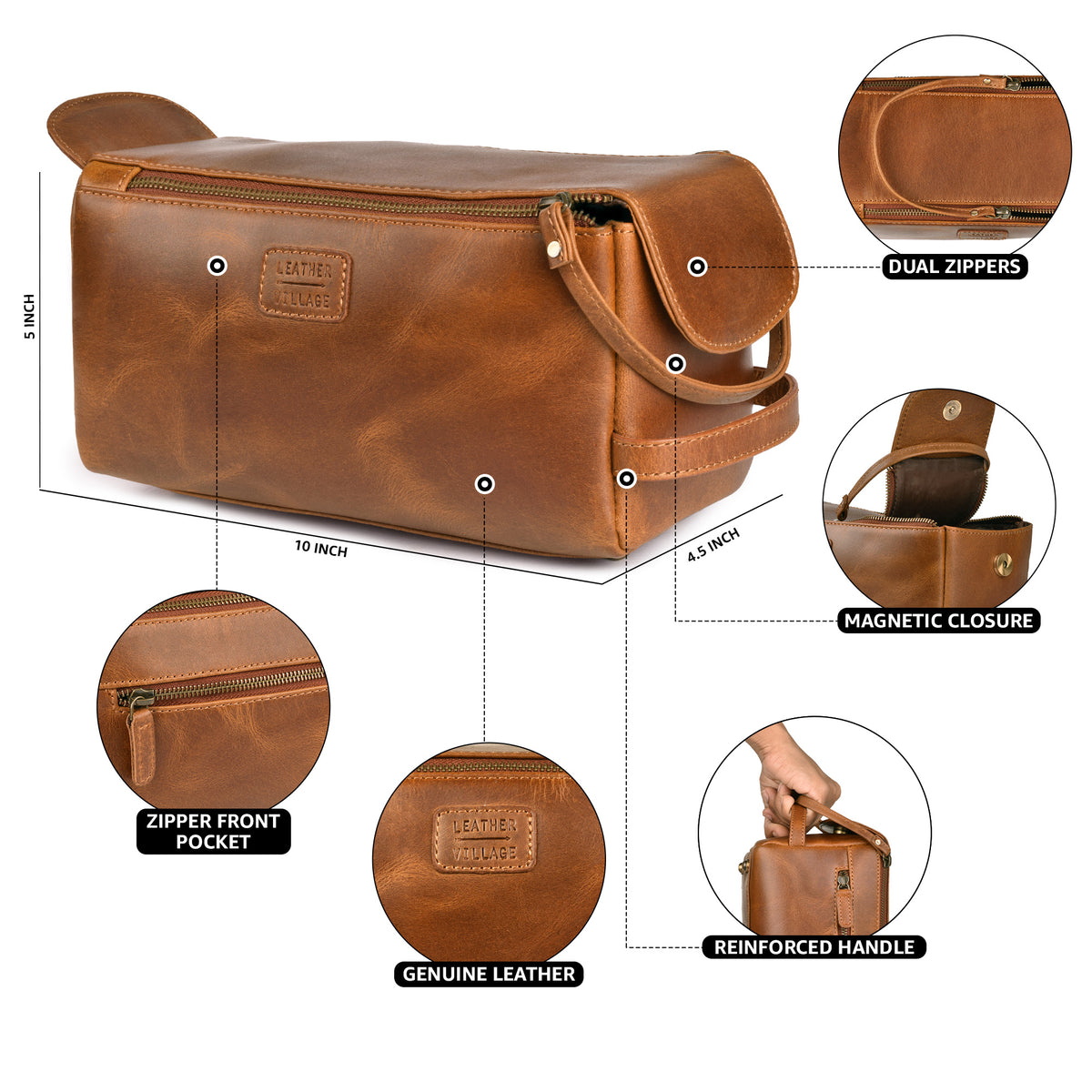 Leather Toiletry Bag – Rustic Brown – Travel Dopp Kit for Men & Women