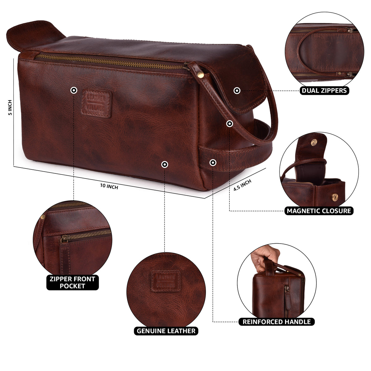 Leather Toiletry Bag – Rustic Brown – Travel Dopp Kit for Men & Women