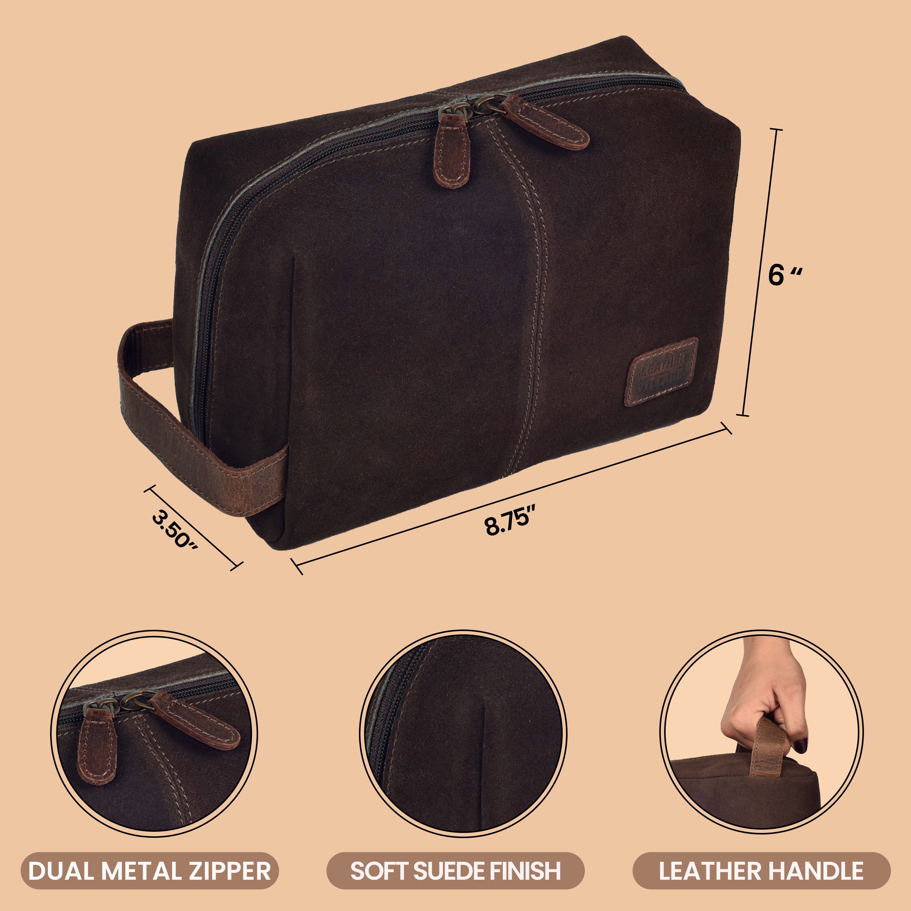 Travel Makeup Bag for Women – Large Capacity Suede Leather Cosmetic Pouch with Handle, Inner Pockets & Wide Opening – Flat Open Toiletry Organizer for Travel & Daily Use