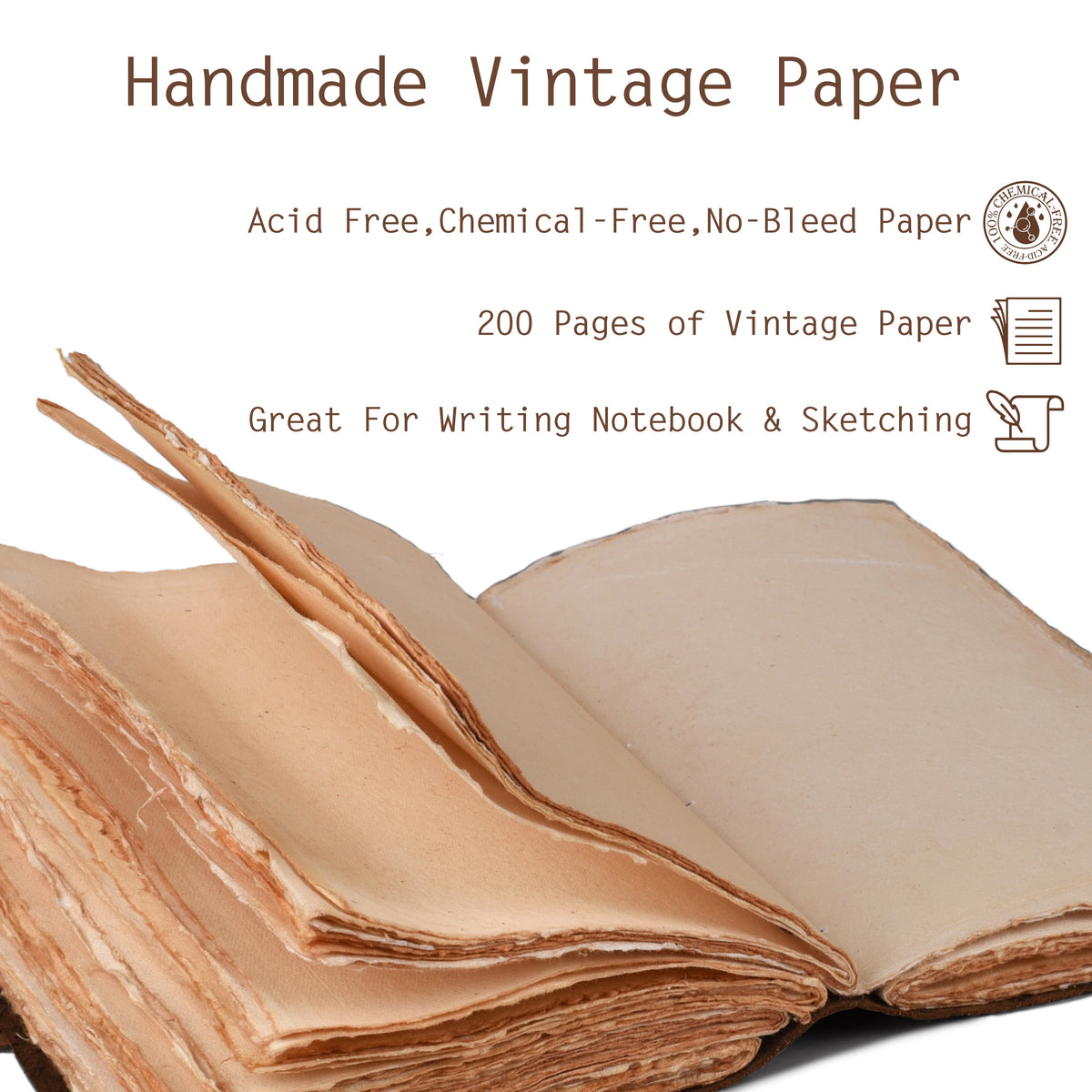 Vintage Journal for Men & Women - Lock Closure - Antique Deckle Handmade Cotton Paper for Drawing, Writing & Sketching- 200 Pages- Distressed Brown