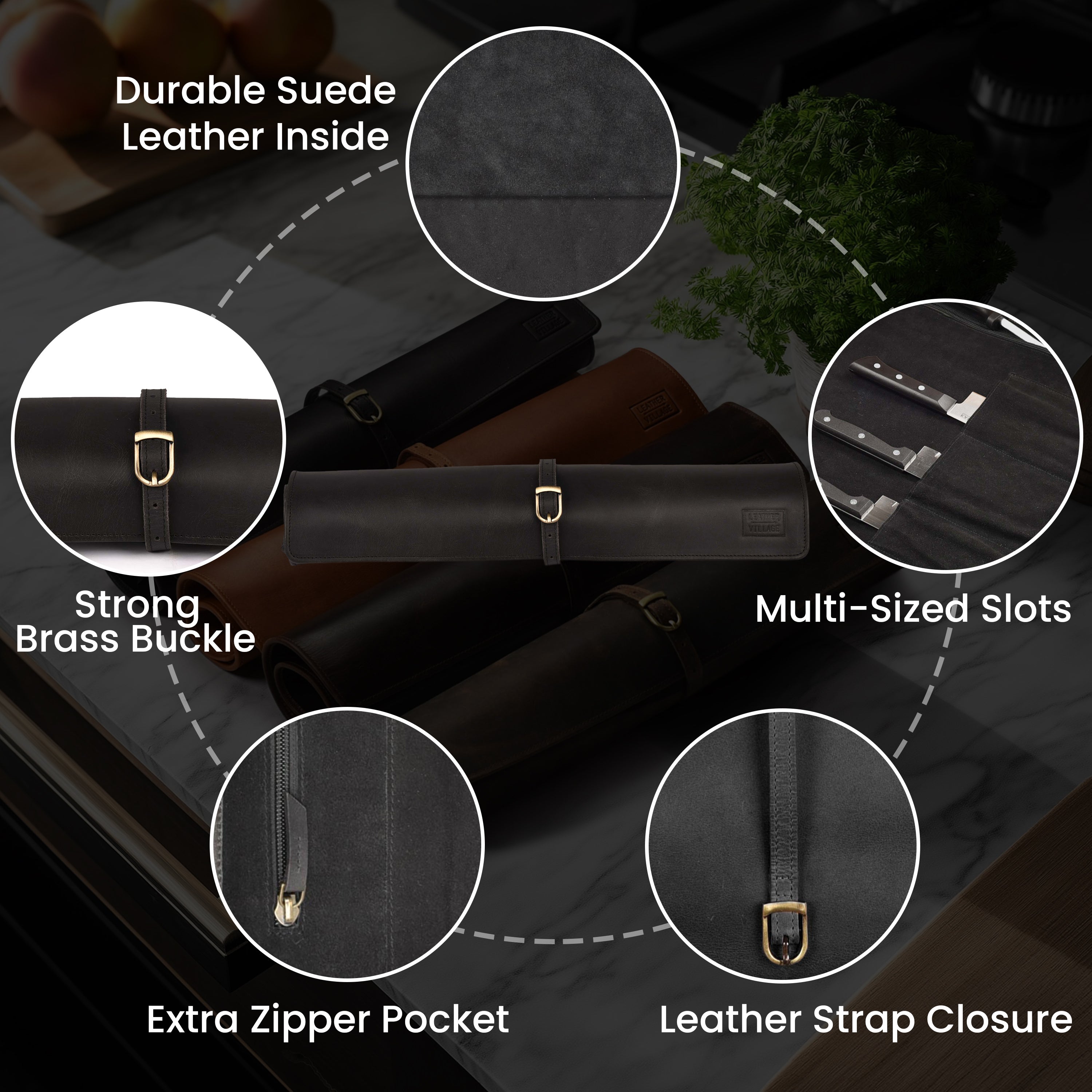 Genuine Leather Knife Roll Bag – Professional Chef Carrying Case, Durable Sheath Holder, Cooks & Culinary Tools Organizer, Portable Travel Storage with 4 Slots & Zipper