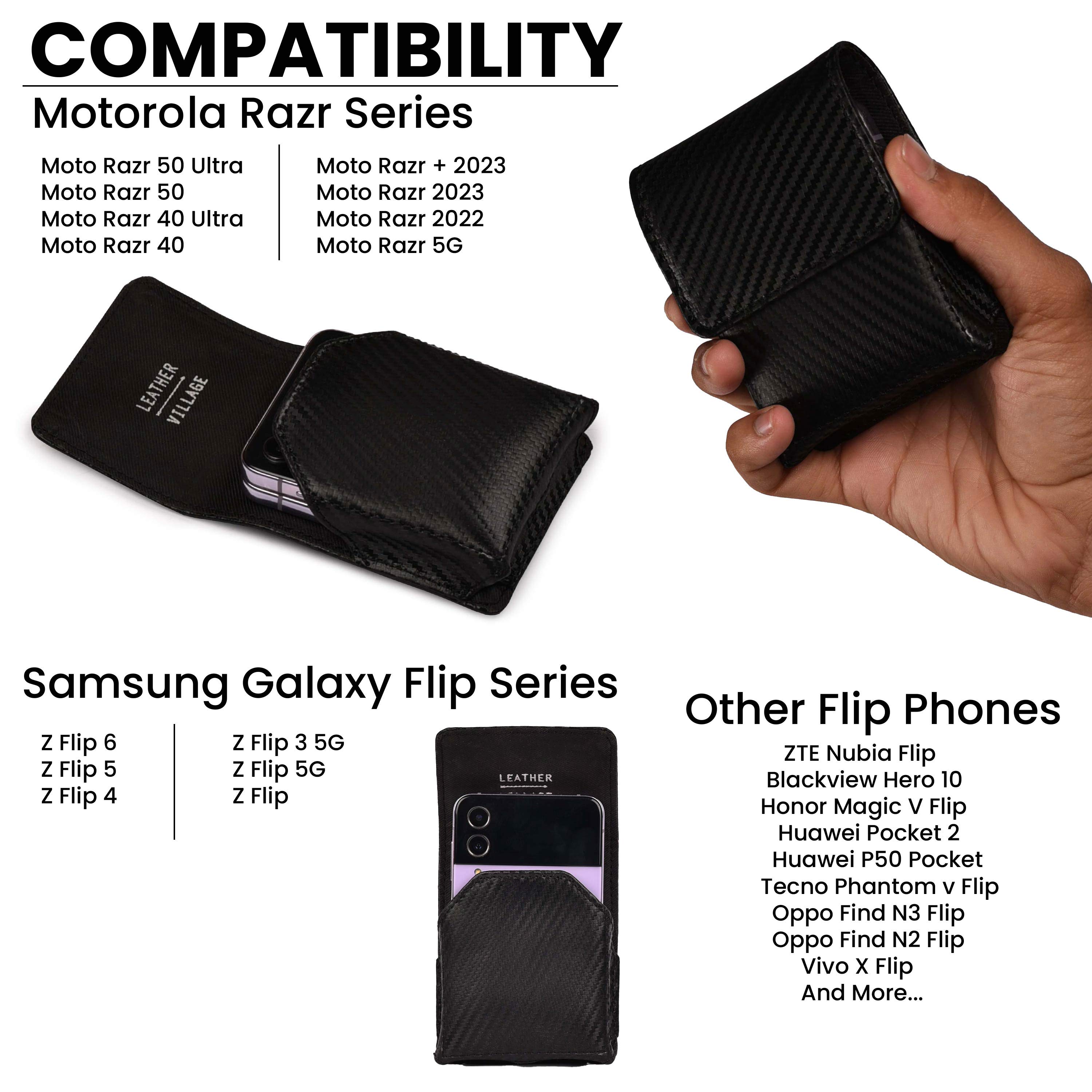 Carbon Fiber Genuine Leather Flip Phone Holster with Belt Clip Universal Cell Phone Pouch for Samsung Galaxy Z Flip 6/Z 5/ Galaxy Z 4/ Z 3 5G/ Motorola Moto Razr 2024