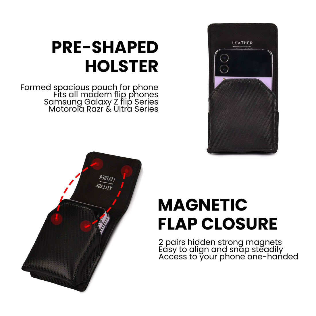 Carbon Fiber Genuine Leather Flip Phone Holster with Belt Clip Universal Cell Phone Pouch for Samsung Galaxy Z Flip 6/Z 5/ Galaxy Z 4/ Z 3 5G/ Motorola Moto Razr 2024