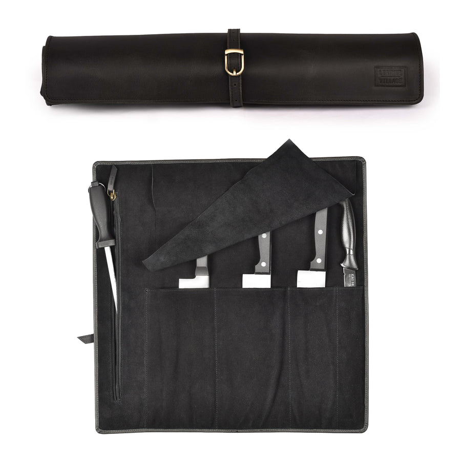 Genuine Leather Knife Roll Bag – Professional Chef Carrying Case, Durable Sheath Holder, Cooks & Culinary Tools Organizer, Portable Travel Storage with 4 Slots & Zipper