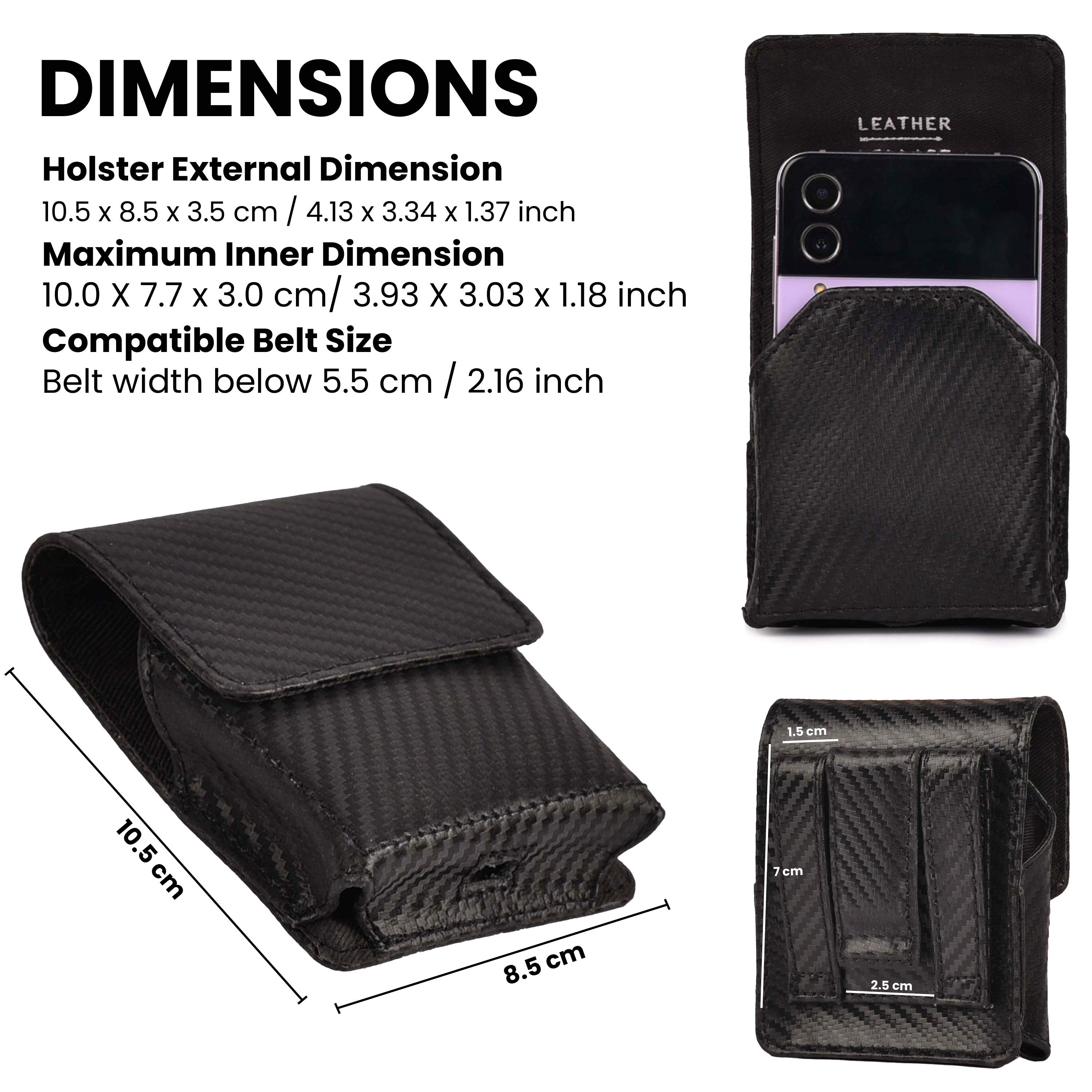 Carbon Fiber Genuine Leather Flip Phone Holster with Belt Clip Universal Cell Phone Pouch for Samsung Galaxy Z Flip 6/Z 5/ Galaxy Z 4/ Z 3 5G/ Motorola Moto Razr 2024