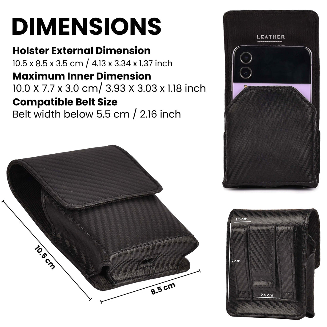 Carbon Fiber Genuine Leather Flip Phone Holster with Belt Clip Universal Cell Phone Pouch for Samsung Galaxy Z Flip 6/Z 5/ Galaxy Z 4/ Z 3 5G/ Motorola Moto Razr 2024