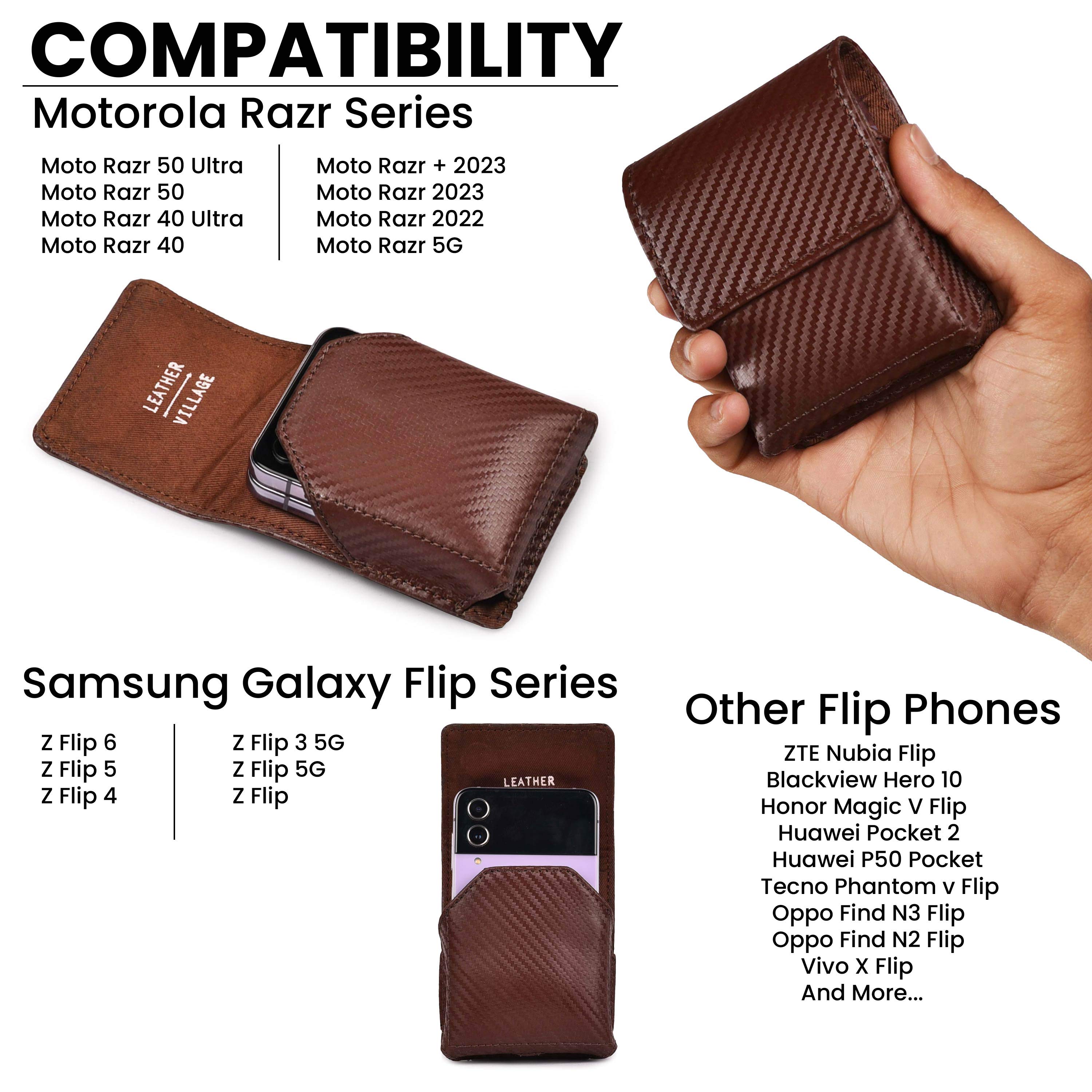 Carbon Fiber Genuine Leather Flip Phone Holster with Belt Clip Universal Cell Phone Pouch for Samsung Galaxy Z Flip 6/Z 5/ Galaxy Z 4/ Z 3 5G/ Motorola Moto Razr 2024
