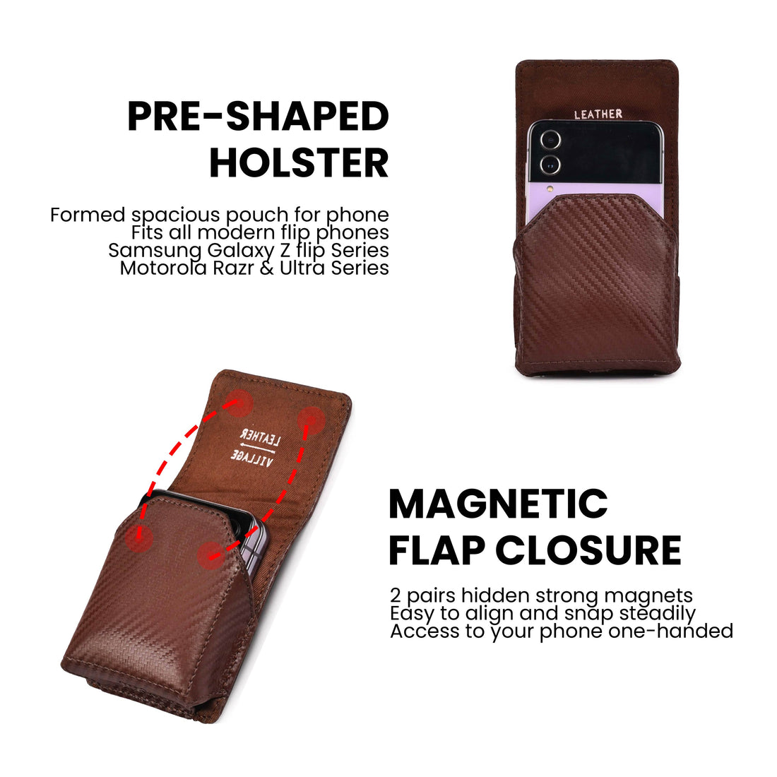 Carbon Fiber Genuine Leather Flip Phone Holster with Belt Clip Universal Cell Phone Pouch for Samsung Galaxy Z Flip 6/Z 5/ Galaxy Z 4/ Z 3 5G/ Motorola Moto Razr 2024