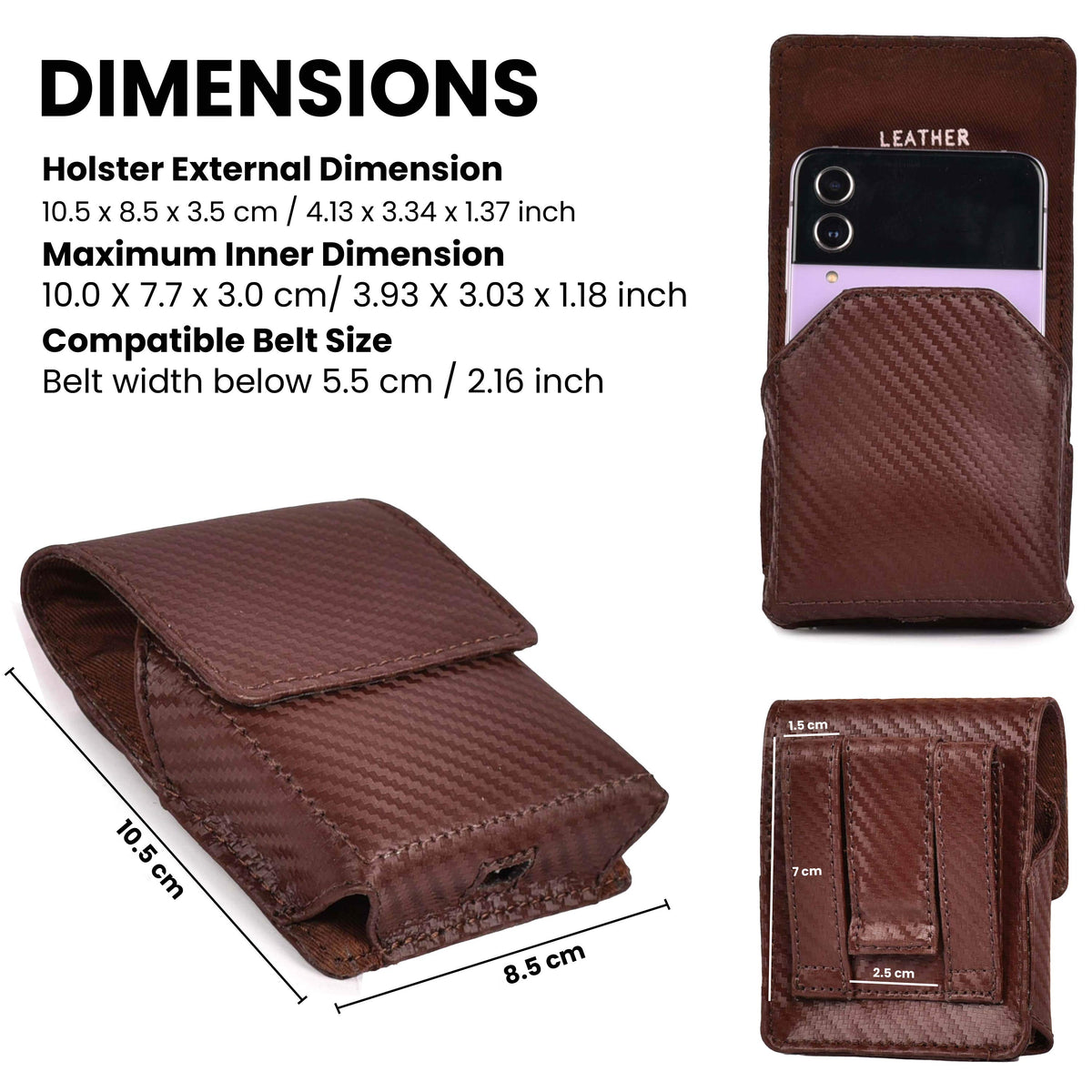 Carbon Fiber Genuine Leather Flip Phone Holster with Belt Clip Universal Cell Phone Pouch for Samsung Galaxy Z Flip 6/Z 5/ Galaxy Z 4/ Z 3 5G/ Motorola Moto Razr 2024