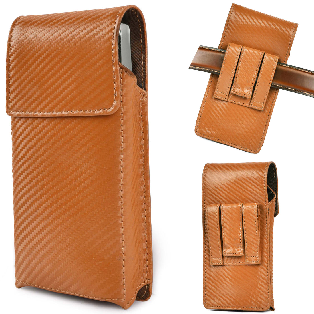 LEATHER VILLAGE Carbon Fiber Genuine Leather Phone Holster with Belt Clip - Available in Black, Brown, Tan