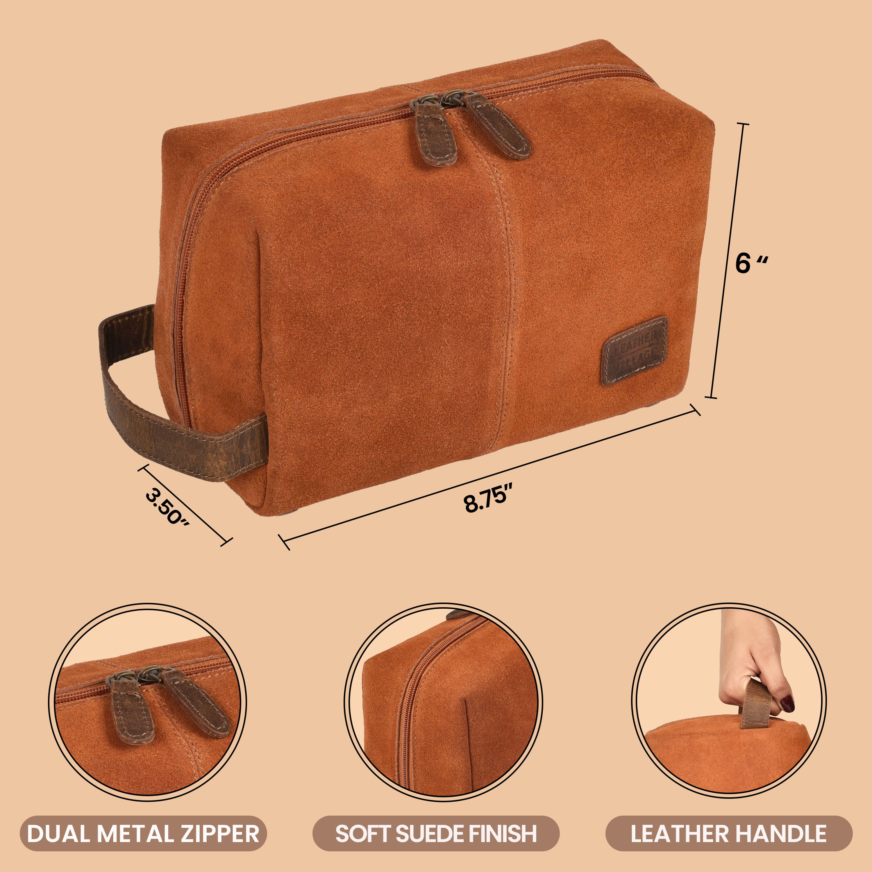 Travel Makeup Bag for Women – Large Capacity Suede Leather Cosmetic Pouch with Handle, Inner Pockets & Wide Opening – Flat Open Toiletry Organizer for Travel & Daily Use