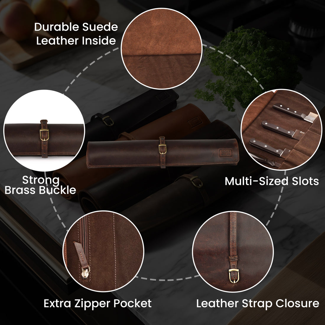 Genuine Leather Knife Roll Bag – Professional Chef Carrying Case, Durable Sheath Holder, Cooks & Culinary Tools Organizer, Portable Travel Storage with 4 Slots & Zipper
