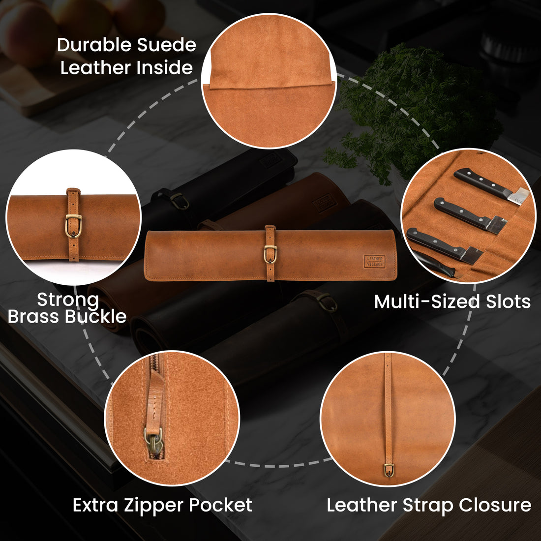 Genuine Leather Knife Roll Bag – Professional Chef Carrying Case, Durable Sheath Holder, Cooks & Culinary Tools Organizer, Portable Travel Storage with 4 Slots & Zipper
