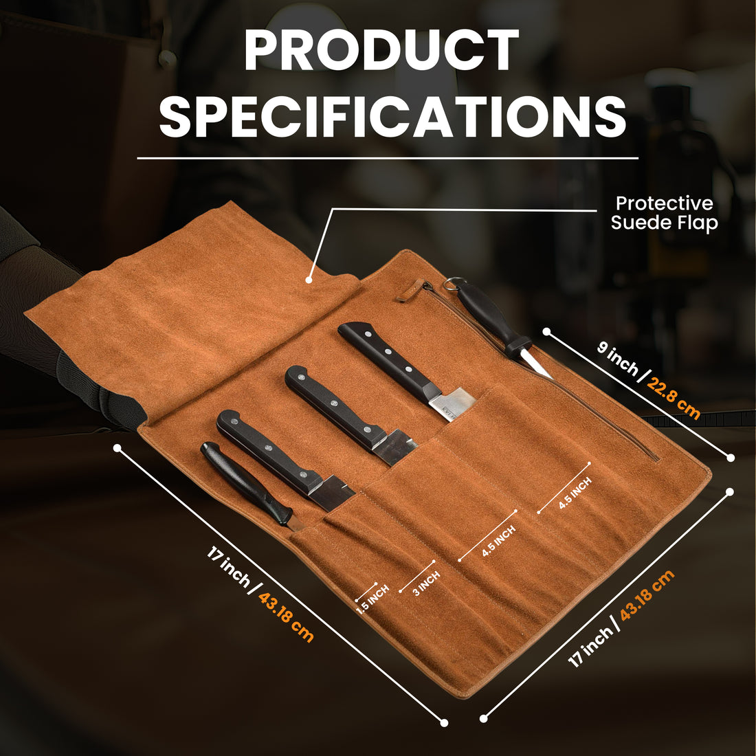 Genuine Leather Knife Roll Bag – Professional Chef Carrying Case, Durable Sheath Holder, Cooks & Culinary Tools Organizer, Portable Travel Storage with 4 Slots & Zipper