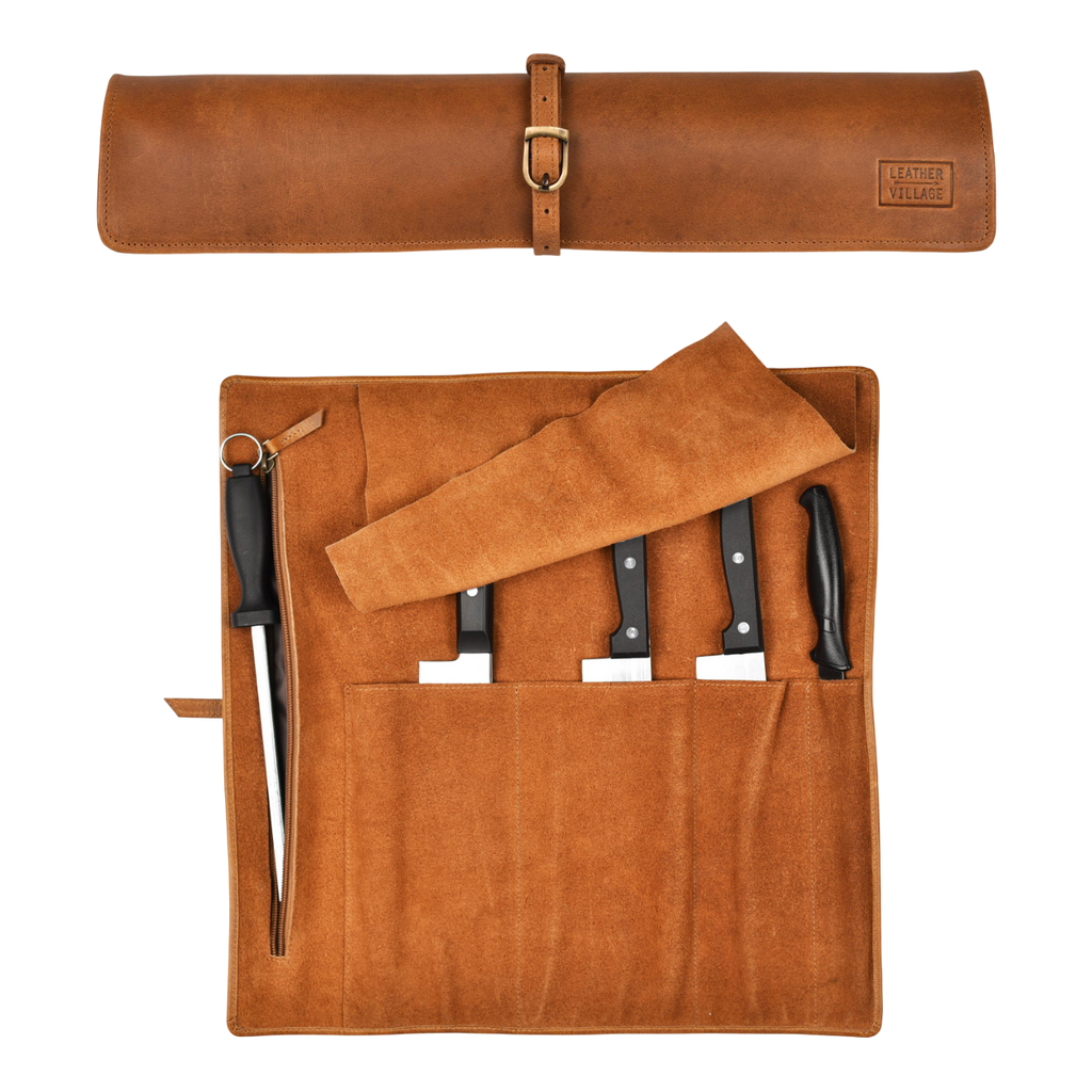 Genuine Leather Knife Roll Case - Tan Leather Village